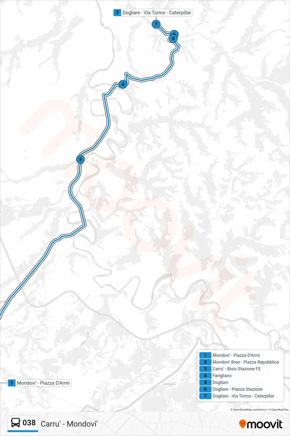 Linea 038 bus (Dogliani - Via Torino - Caterpillar) - Percorsi e fermate sulla mappa