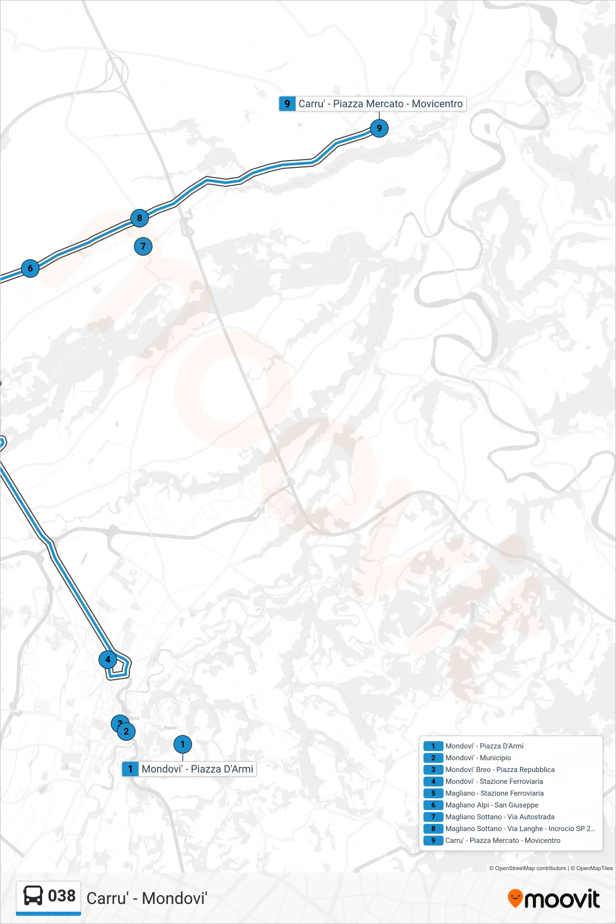 Linea 038 bus (Carru' - Piazza Mercato - Movicentro) - Percorsi e fermate sulla mappa
