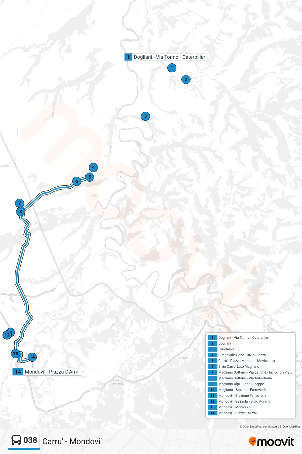 Linea 038  bus (Mondovi' - Piazza D'Armi) - Percorsi e fermate sulla mappa