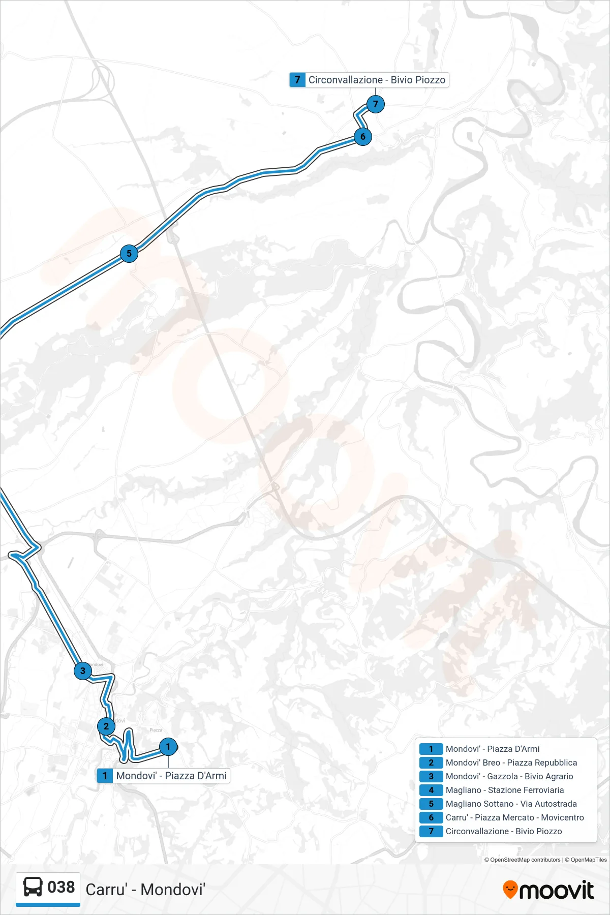 Linea 038  bus (Circonvallazione - Bivio Piozzo) - Percorsi e fermate sulla mappa
