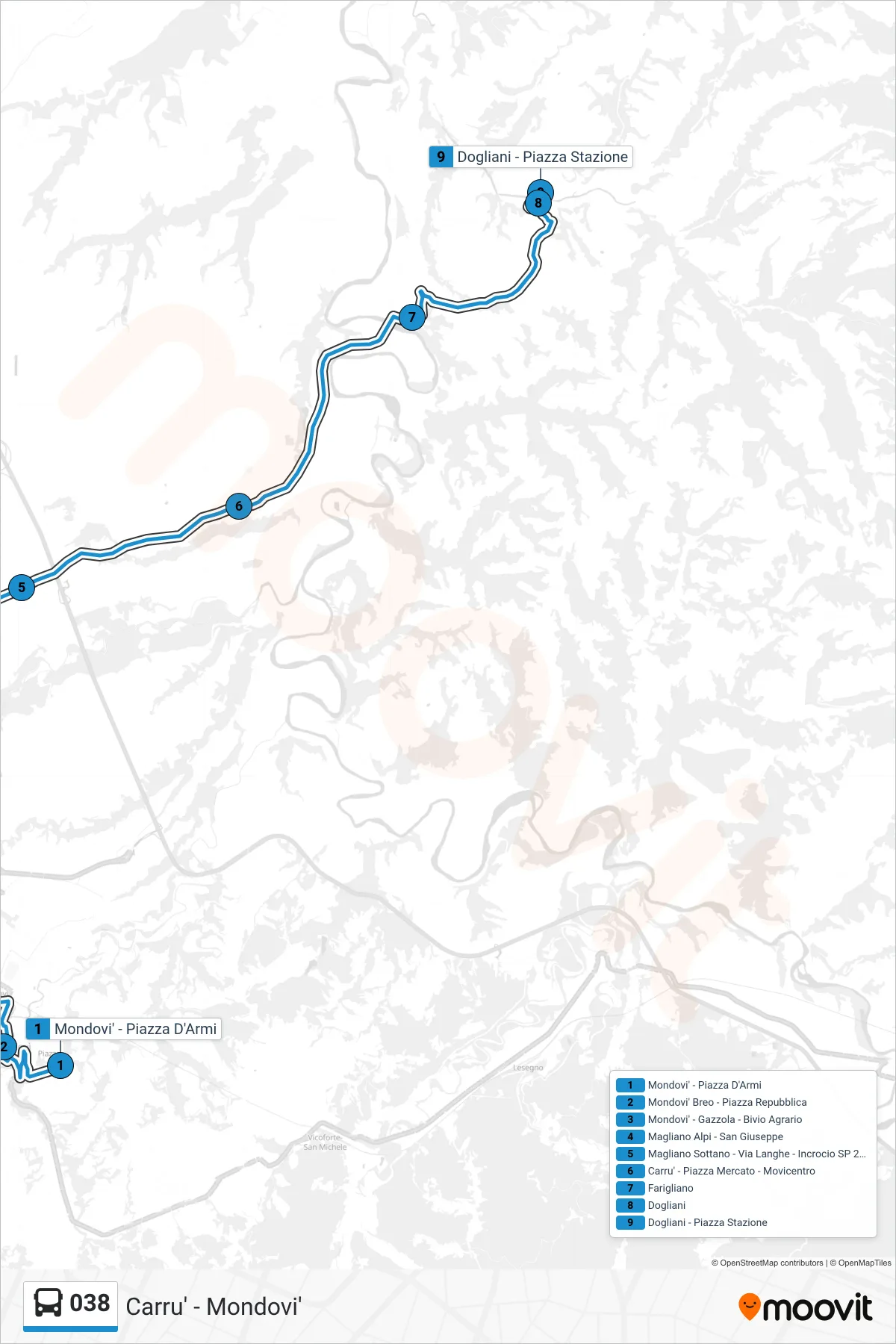 Linea 038 bus (Dogliani - Piazza Stazione) - Percorsi e fermate sulla mappa