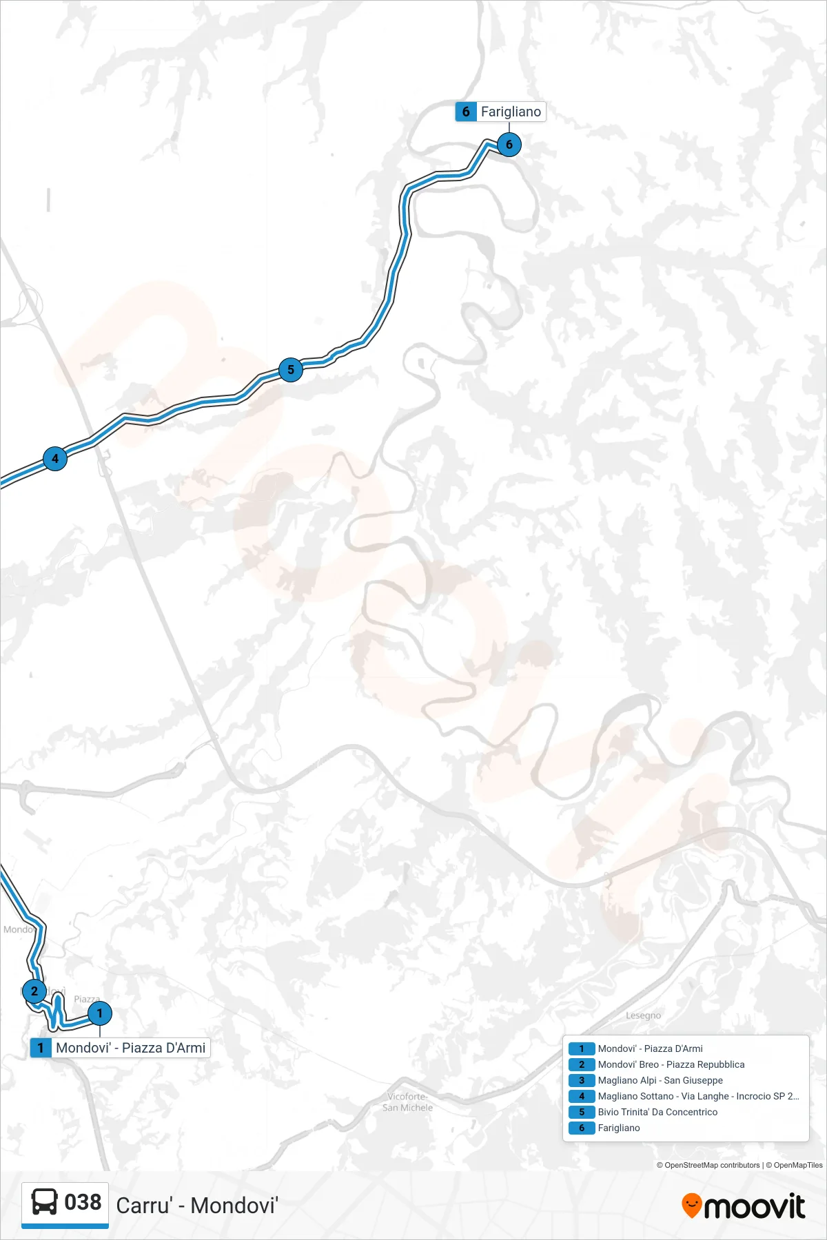 Linea 038 bus (Farigliano) - Percorsi e fermate sulla mappa