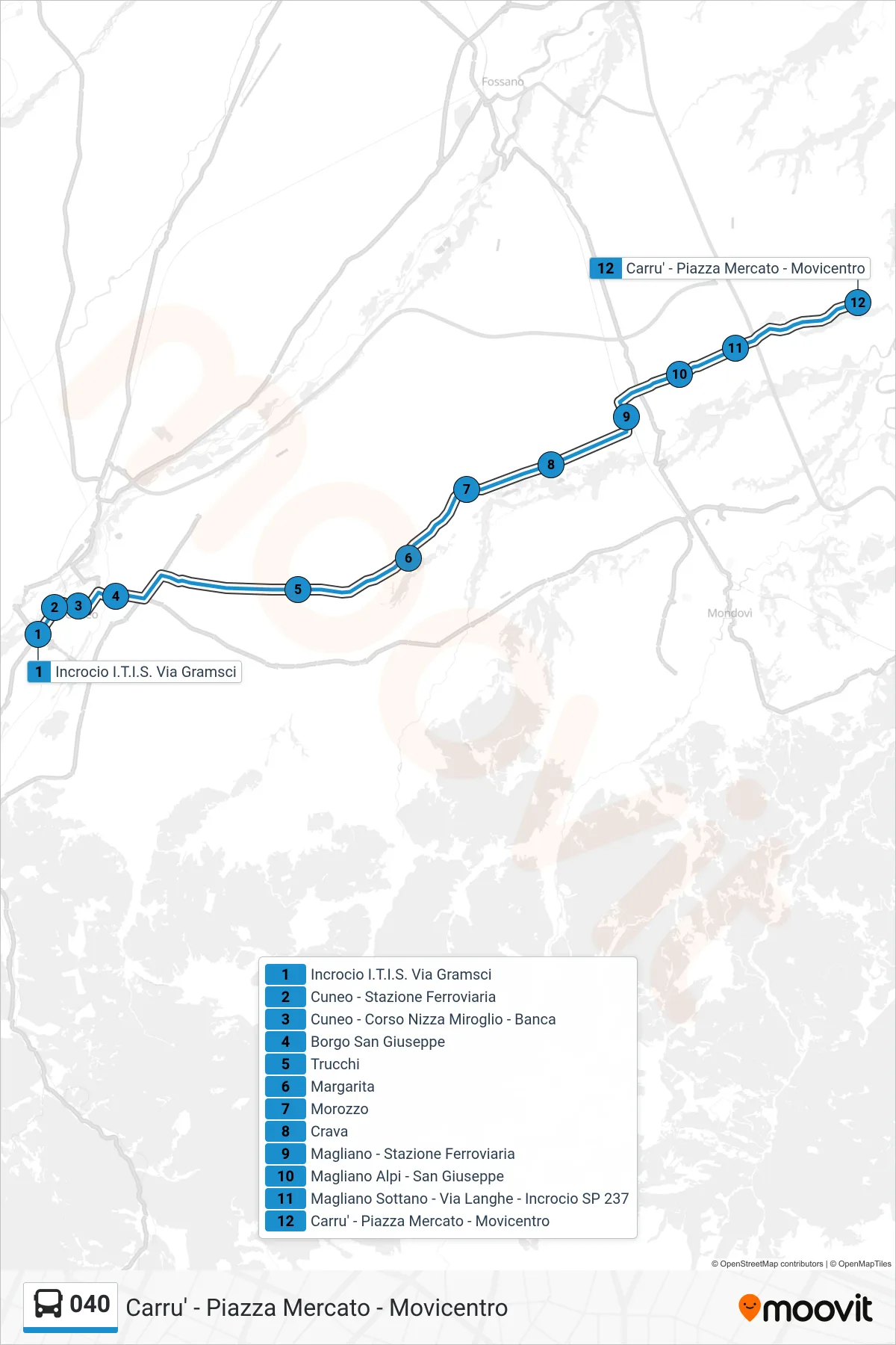 Linea 040  bus (Carru' - Piazza Mercato - Movicentro) - Percorsi e fermate sulla mappa