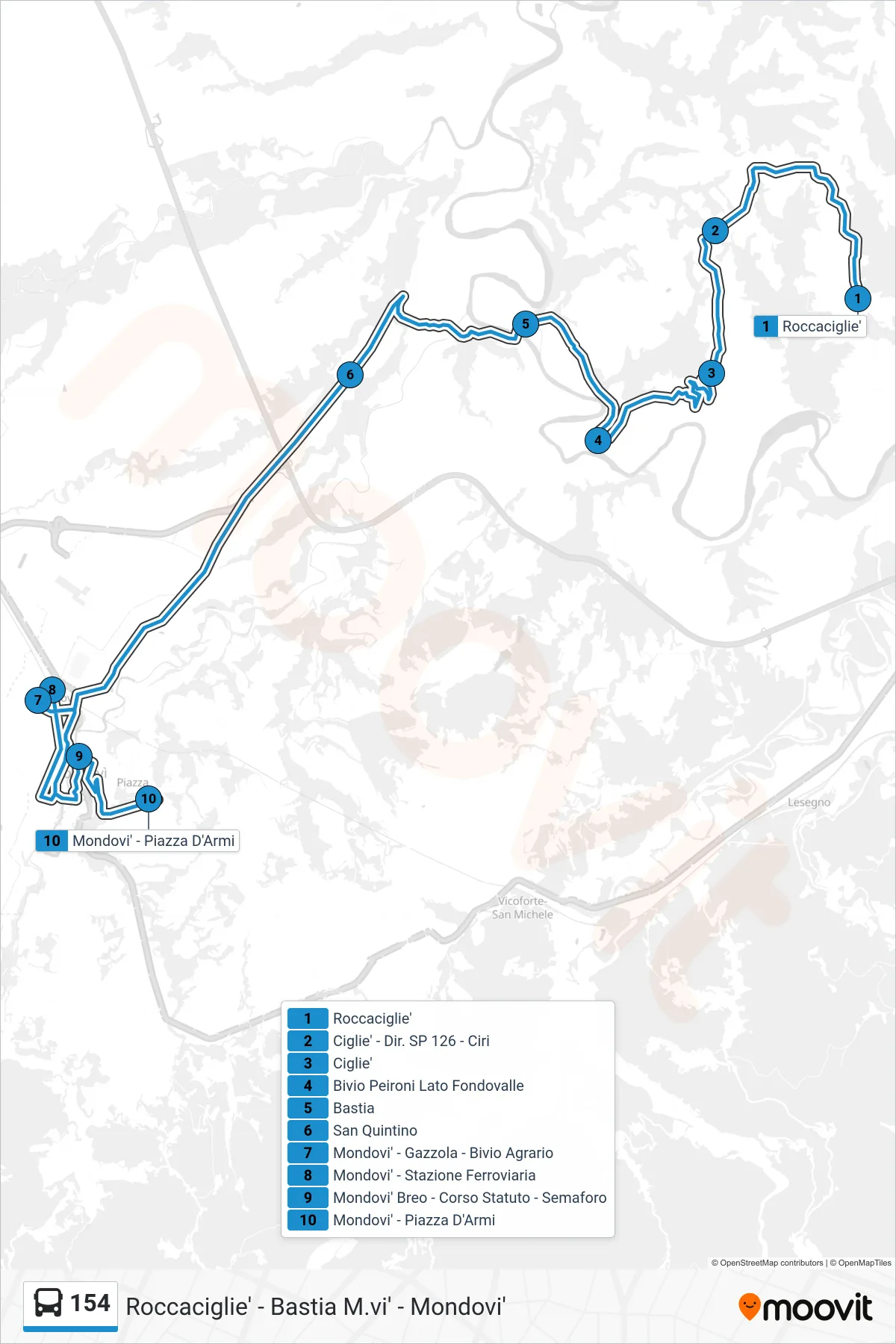 Linea 154 bus (Mondovi' - Piazza D'Armi) - Percorsi e fermate sulla mappa