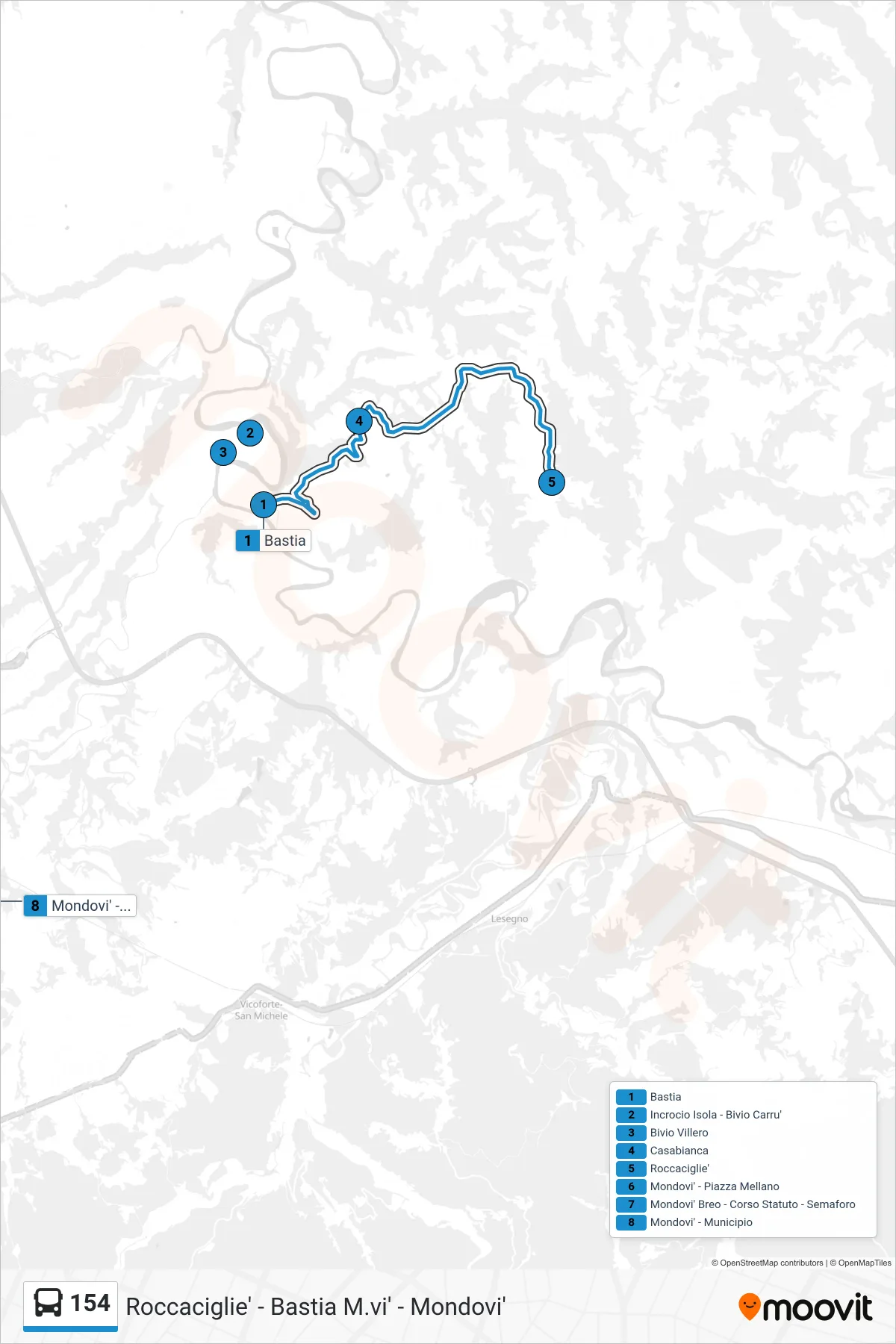 Linea 154 bus (Mondovi' Piazza - Piazza D'Armi - Bivio Via Vico) - Percorsi e fermate sulla mappa