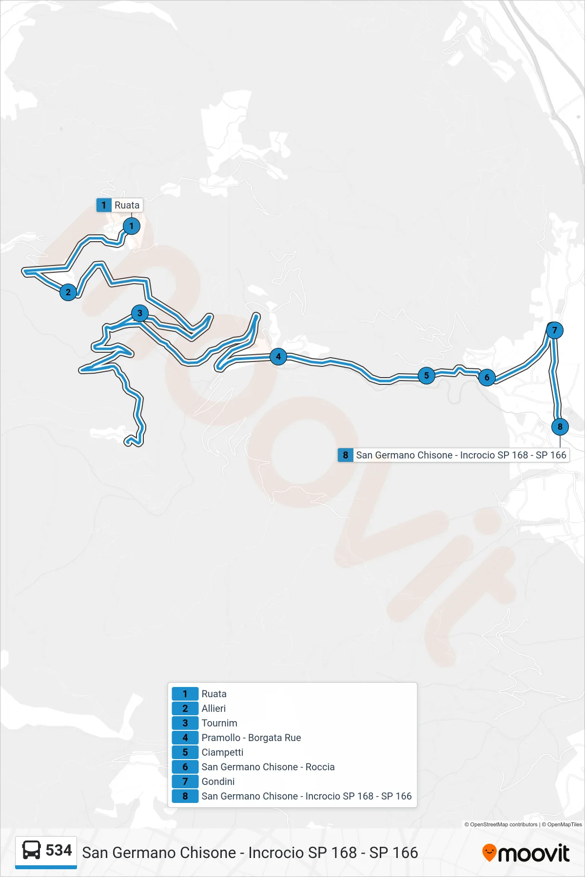 Linea 534 bus (San Germano Chisone - Incrocio SP 168 - SP 166) - Percorsi e fermate sulla mappa