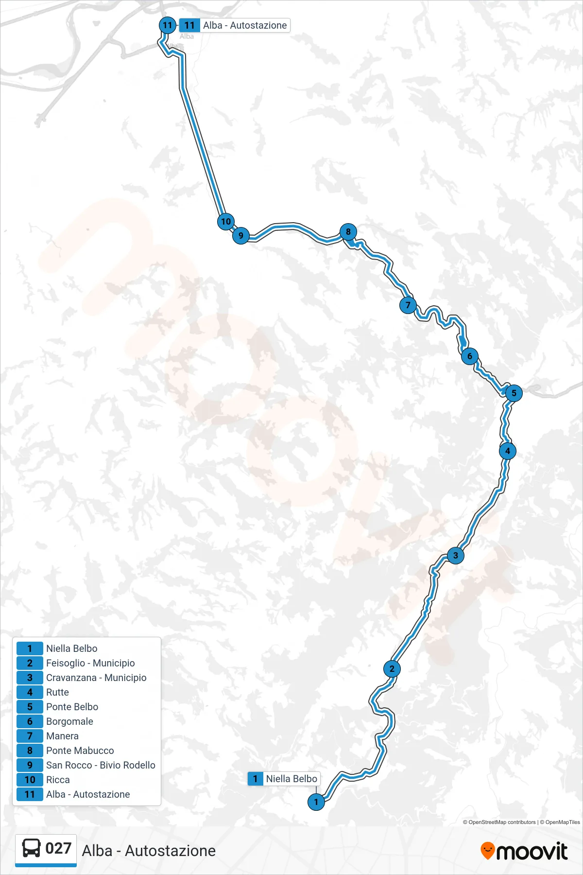 Linea 027  bus (Alba - Autostazione) - Percorsi e fermate sulla mappa