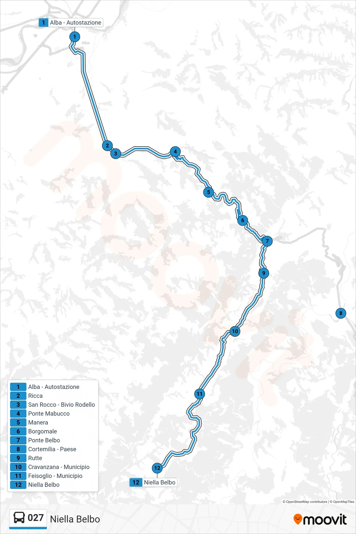 Linea 027 bus (Niella Belbo) - Percorsi e fermate sulla mappa