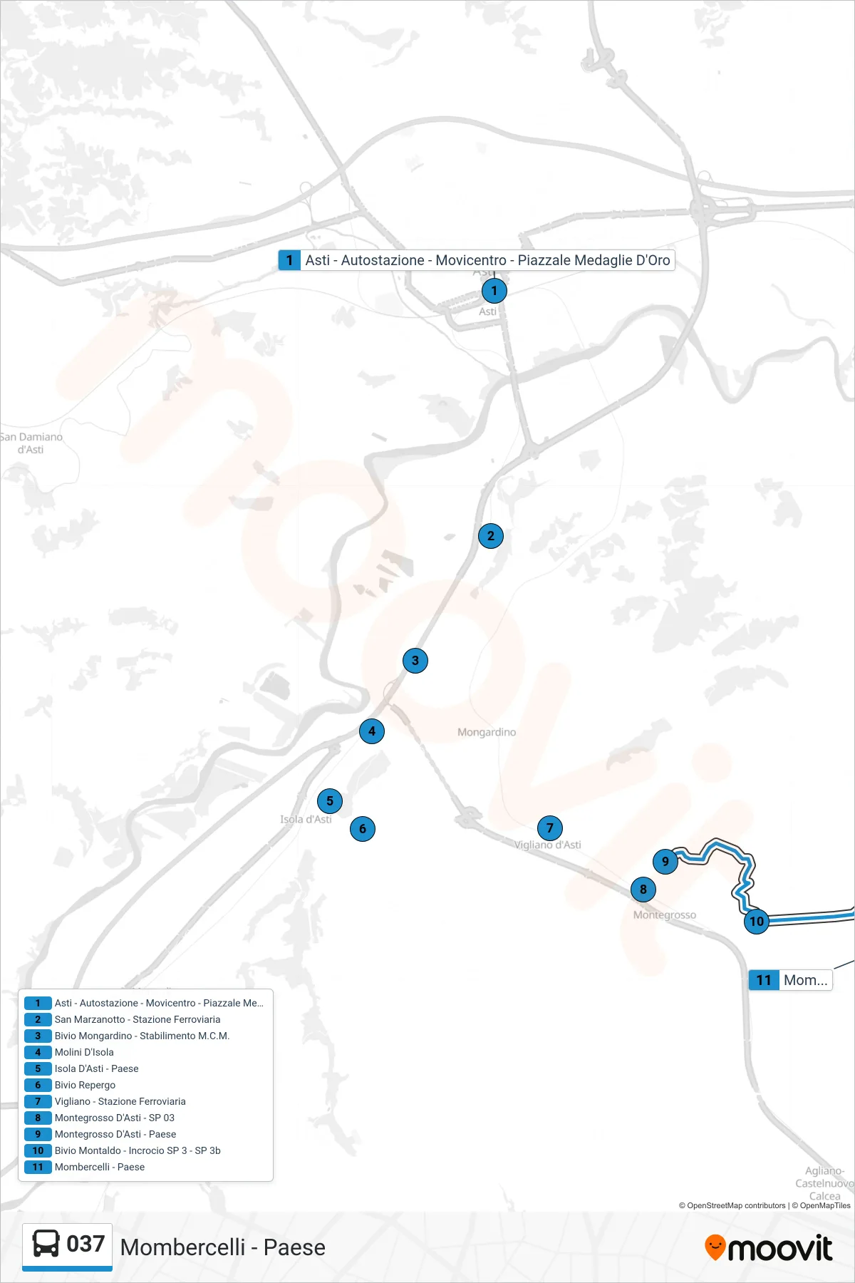Linea 037  bus (Mombercelli - Paese) - Percorsi e fermate sulla mappa