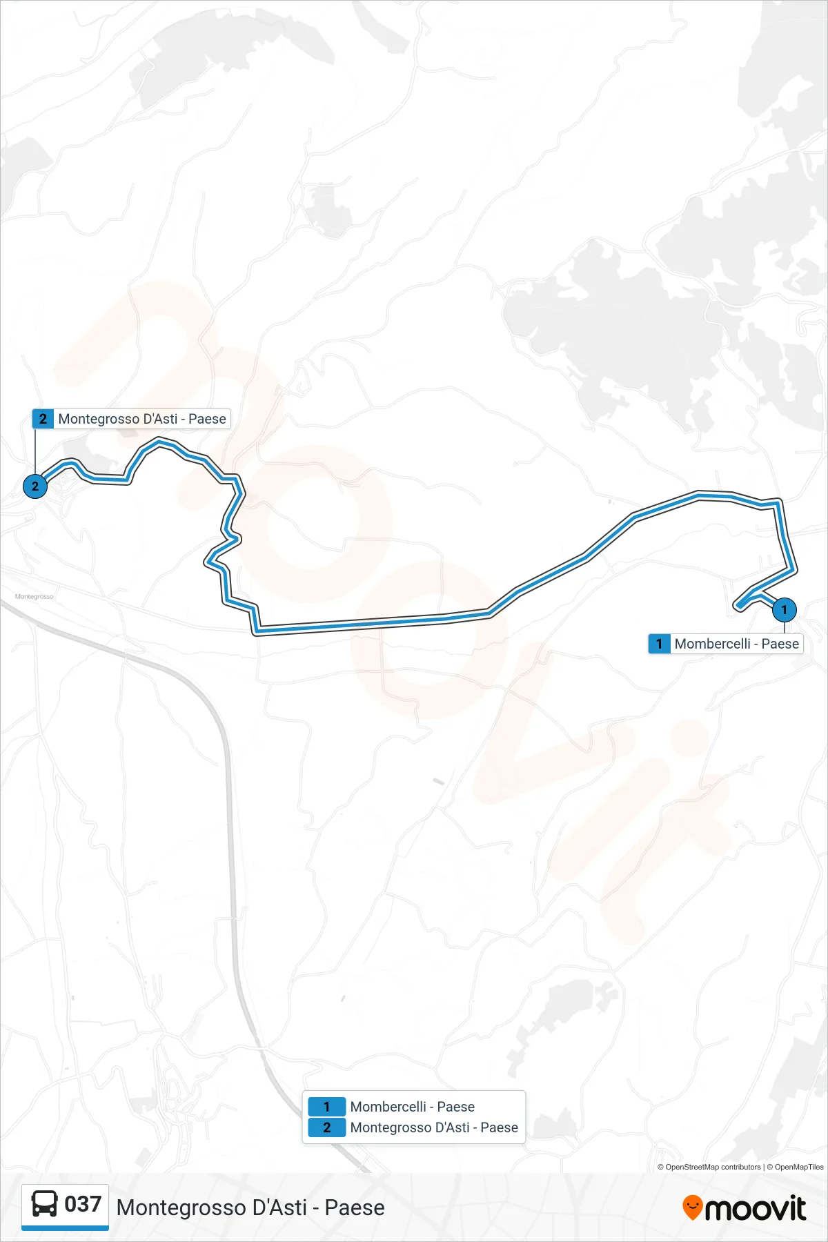 Linea 037  bus (Montegrosso D'Asti - Paese) - Percorsi e fermate sulla mappa