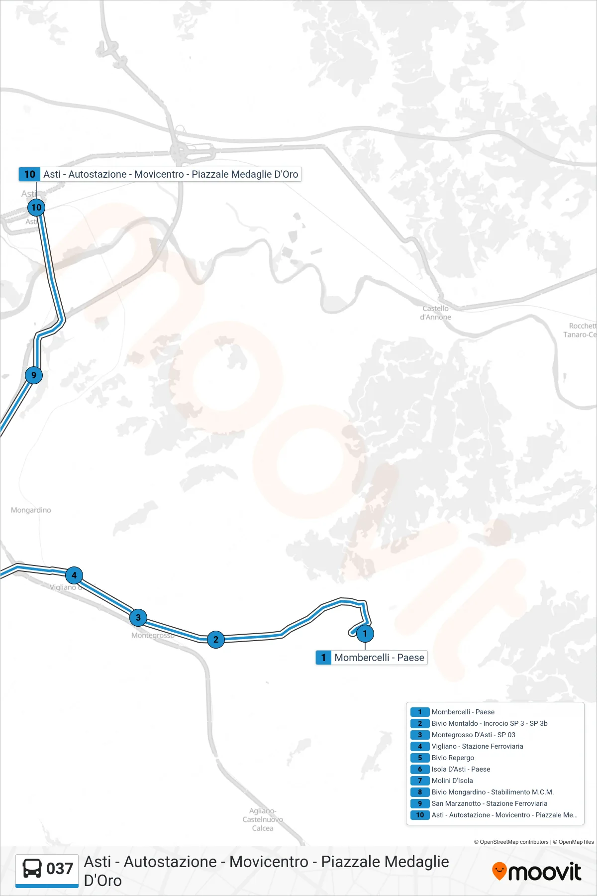 Linea 037 bus (Asti - Autostazione - Movicentro - Piazzale Medaglie D'Oro) - Percorsi e fermate sulla mappa