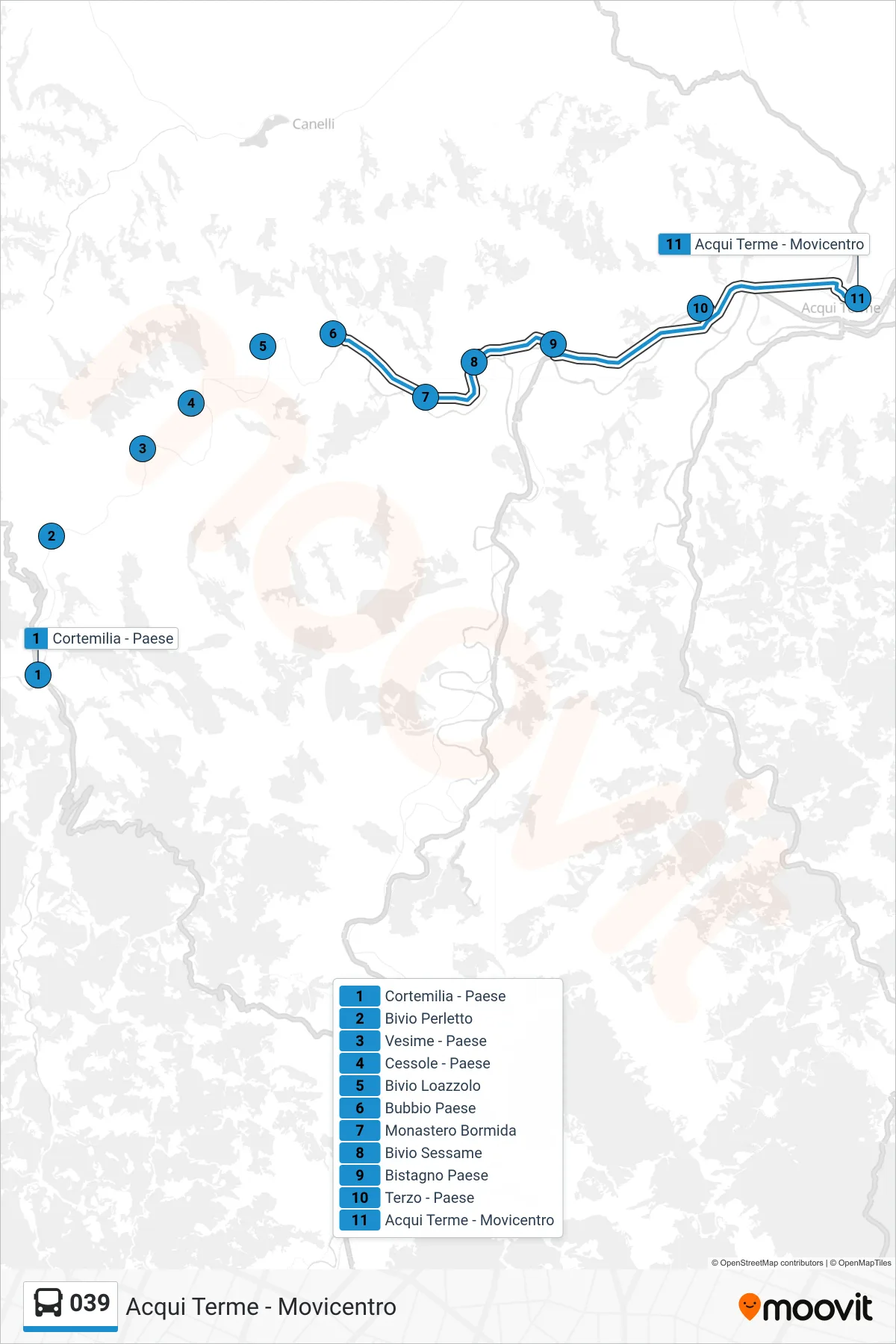 Linea 039 bus (Acqui Terme - Movicentro) - Percorsi e fermate sulla mappa