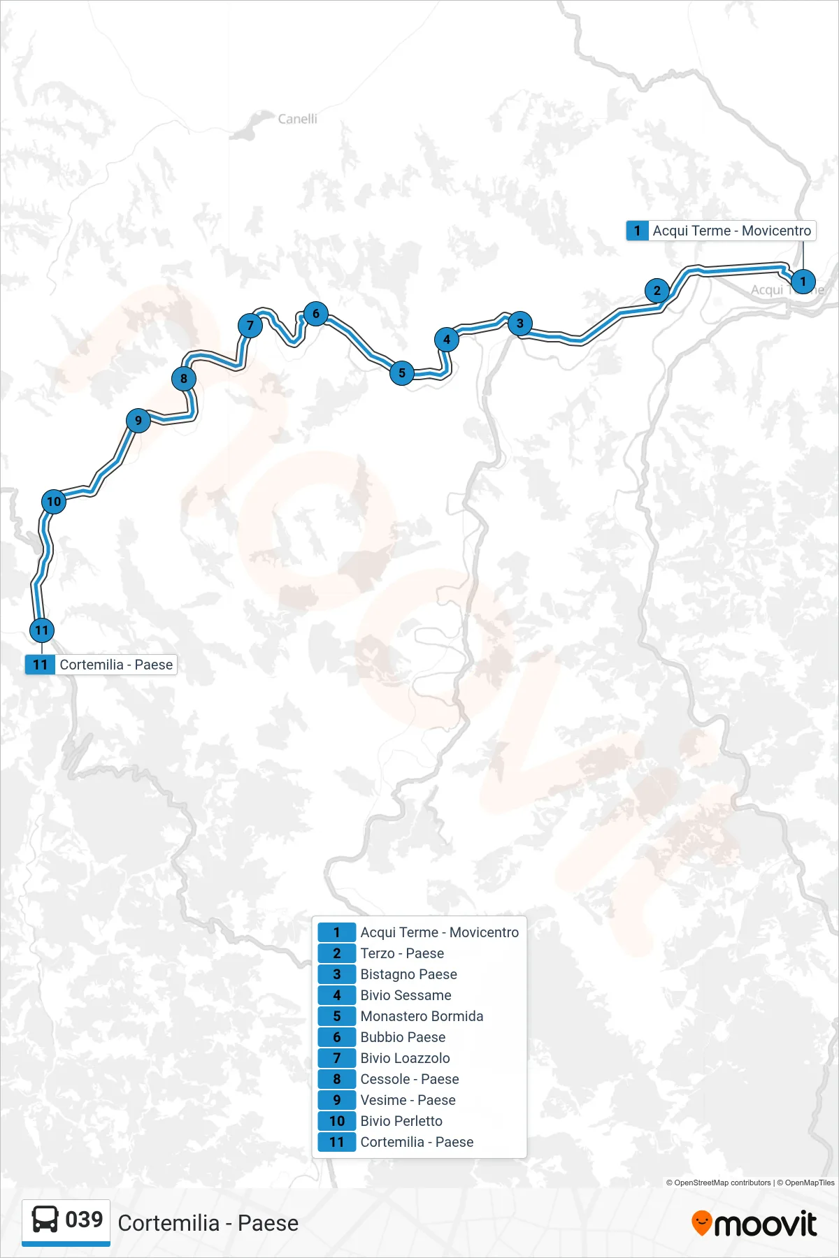 Linea 039  bus (Cortemilia - Paese) - Percorsi e fermate sulla mappa