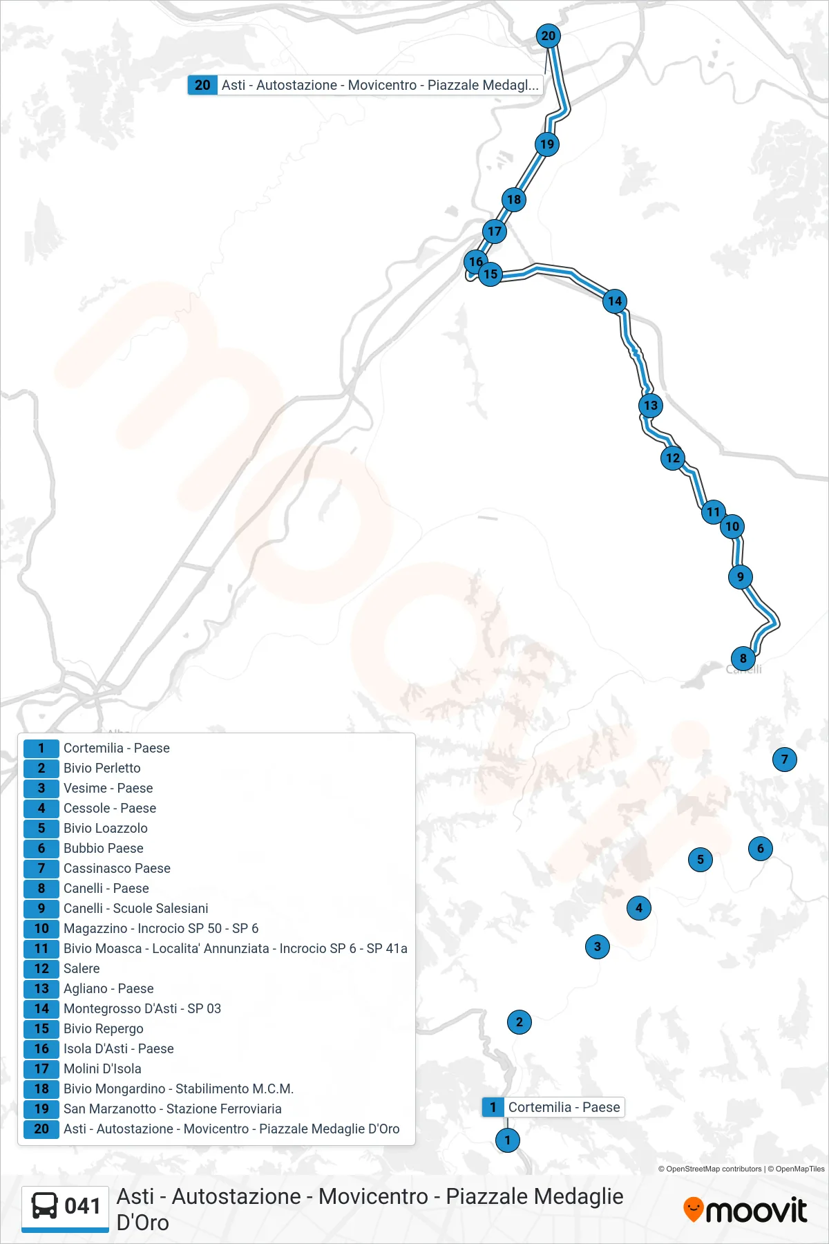 Linea 041 bus (Asti - Autostazione - Movicentro - Piazzale Medaglie D'Oro) - Percorsi e fermate sulla mappa