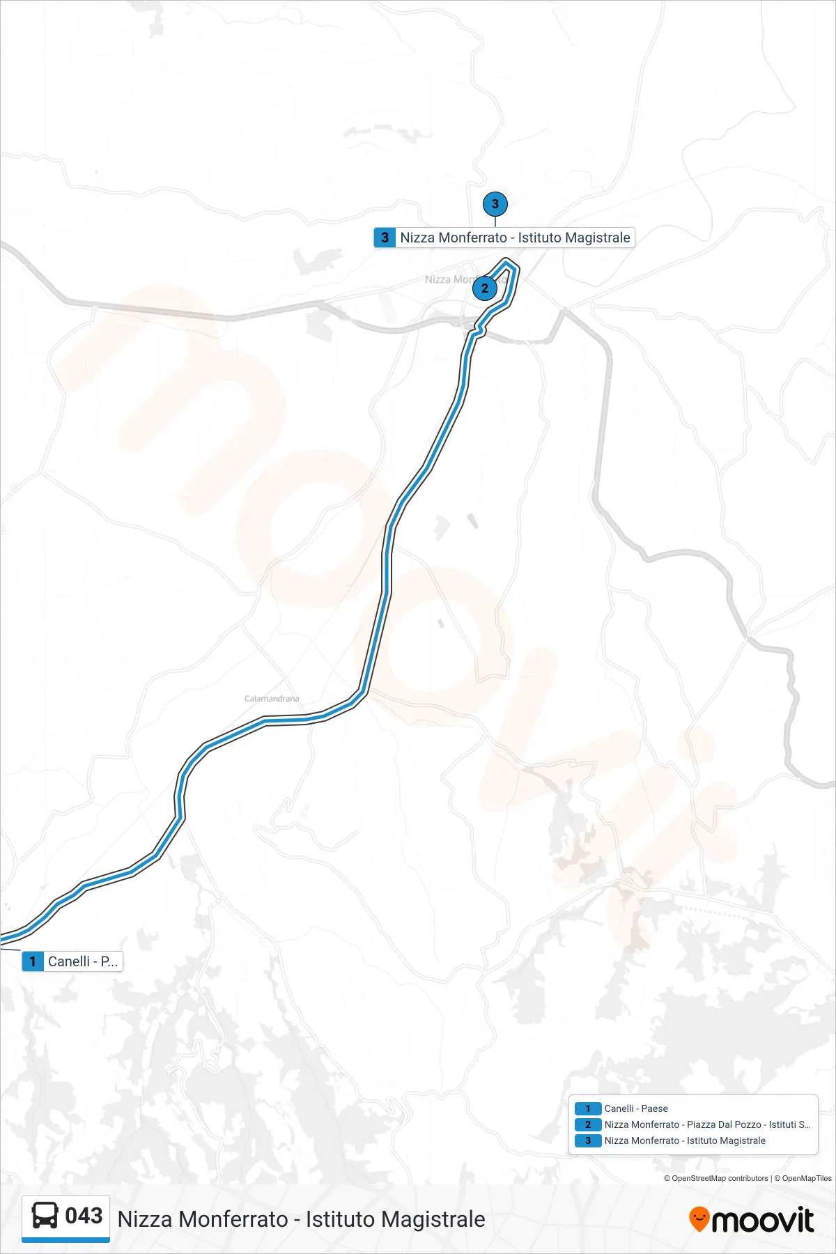 Linea 043 bus (Nizza Monferrato - Istituto Magistrale) - Percorsi e fermate sulla mappa