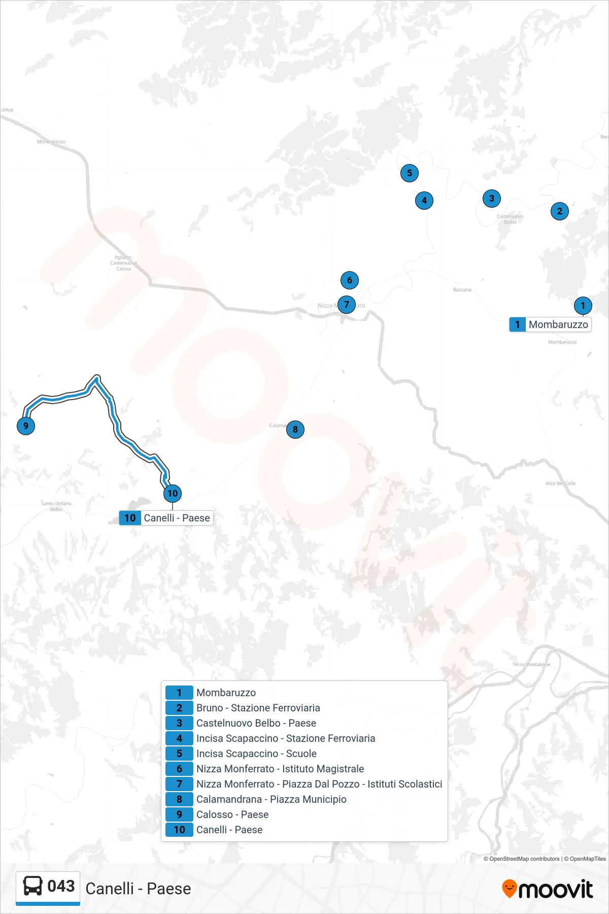 Linea 043 bus (Canelli - Paese) - Percorsi e fermate sulla mappa