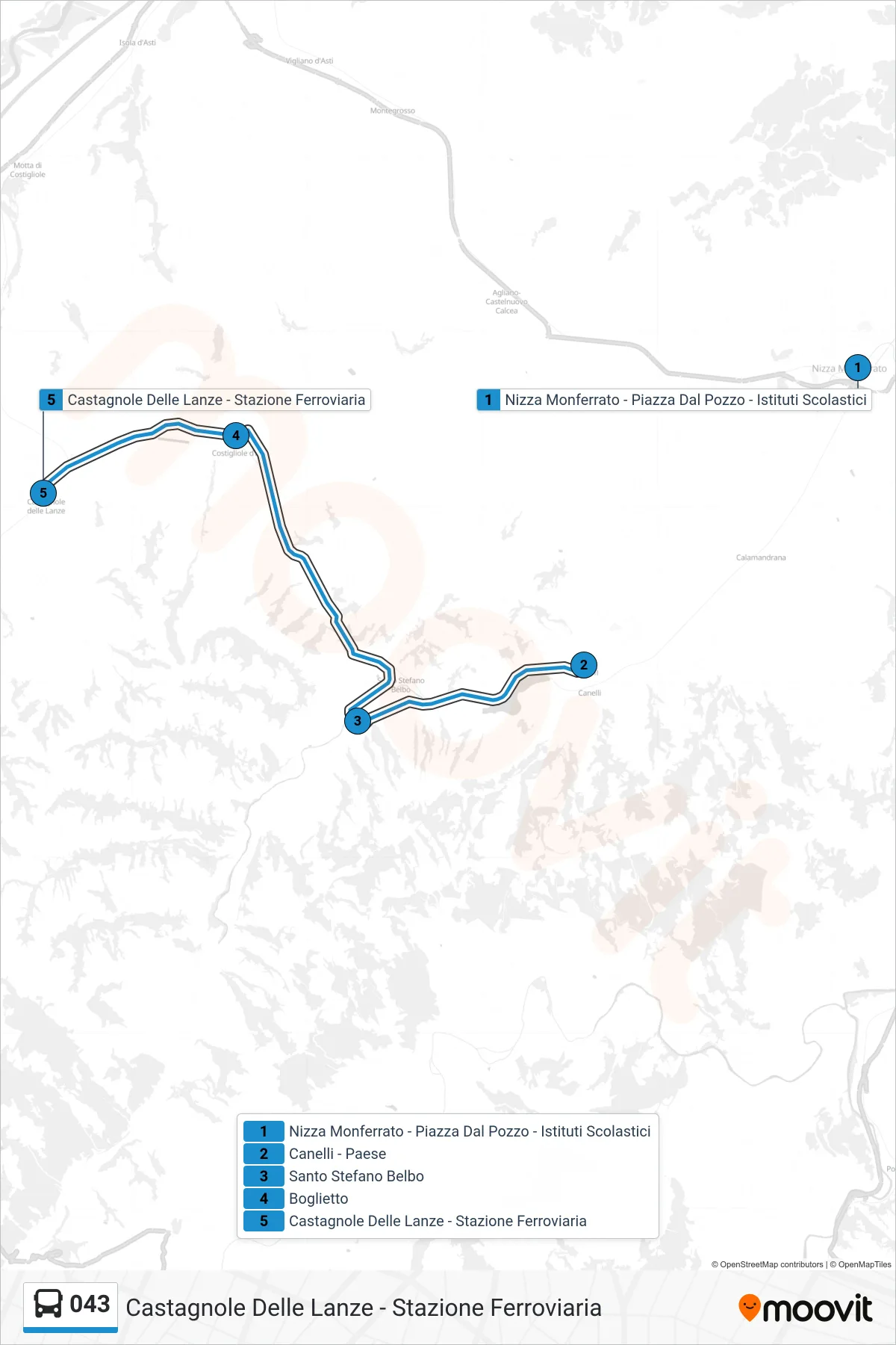 Linea 043 bus (Castagnole Delle Lanze - Stazione Ferroviaria) - Percorsi e fermate sulla mappa