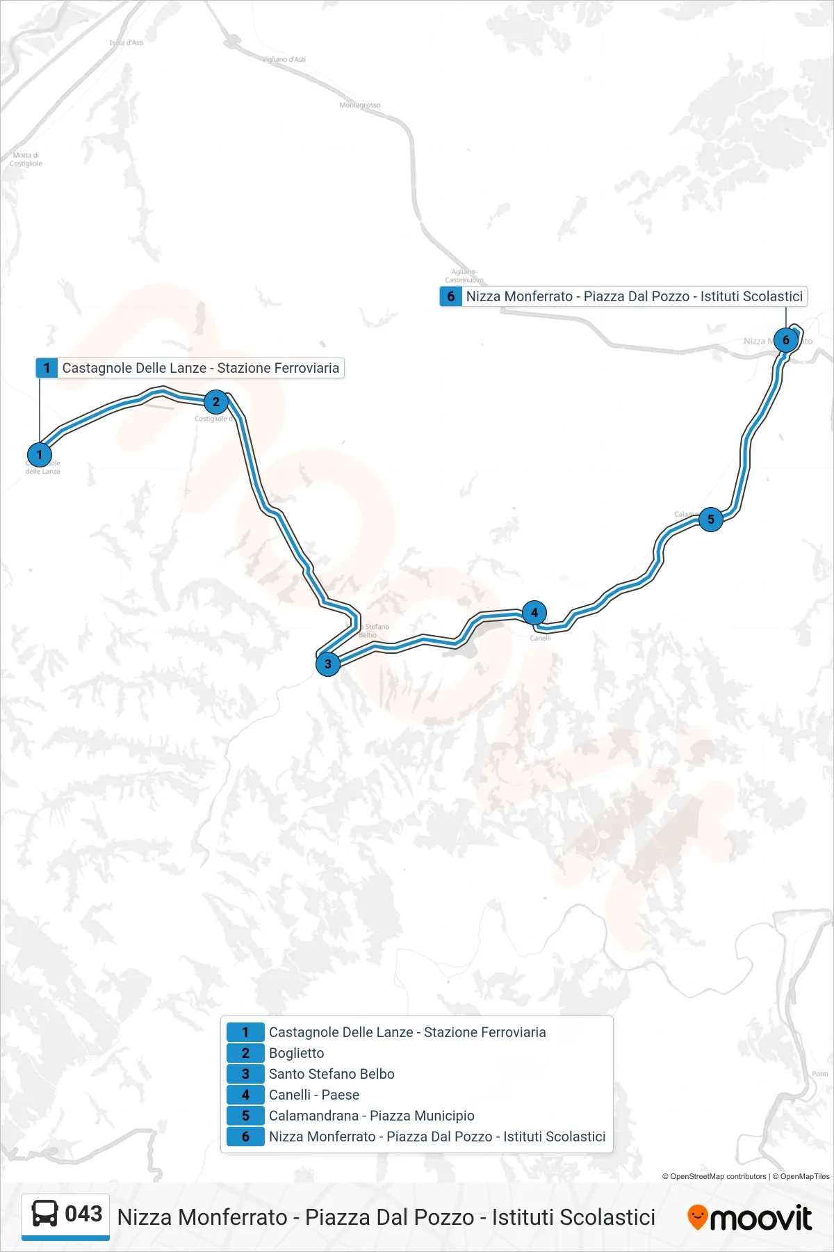 Linea 043  bus (Nizza Monferrato - Piazza Dal Pozzo - Istituti Scolastici) - Percorsi e fermate sulla mappa