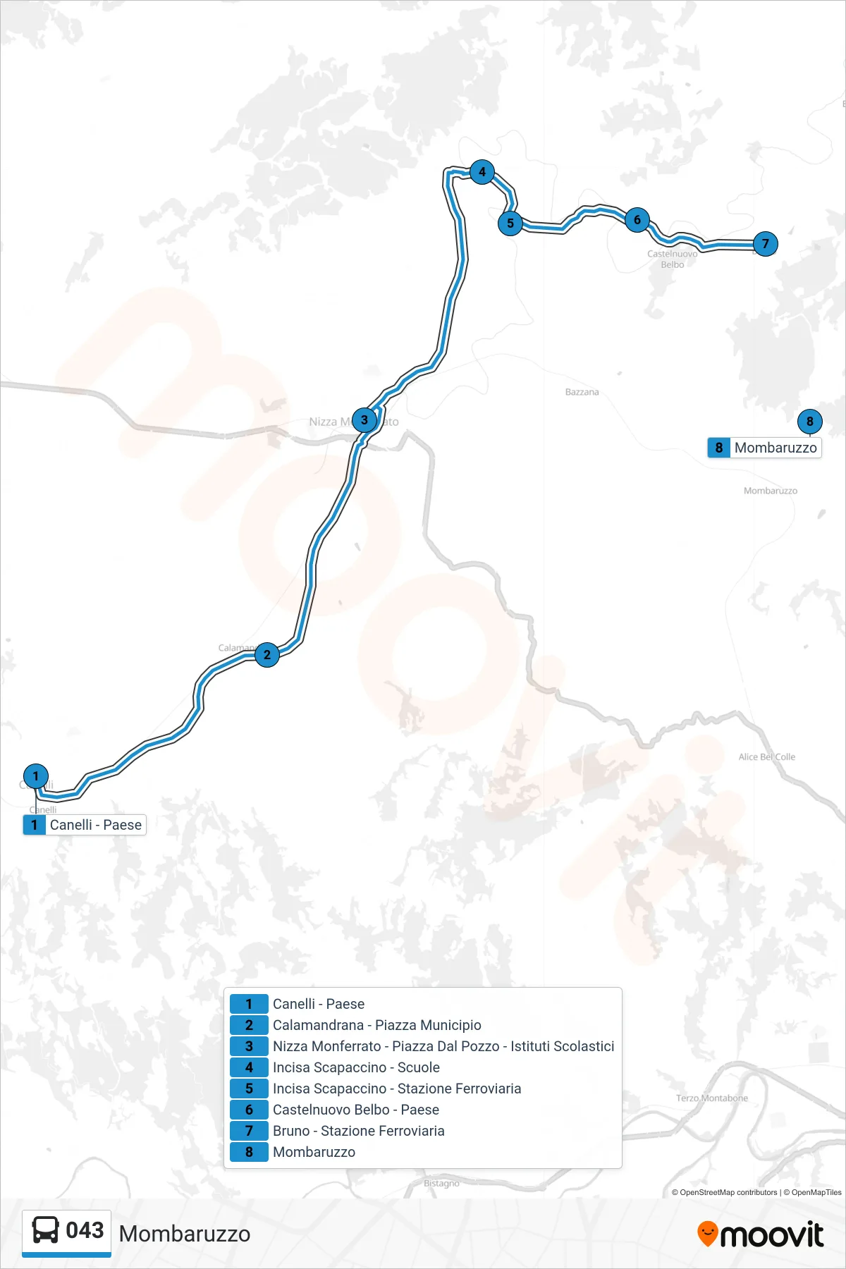 Linea 043 bus (Mombaruzzo) - Percorsi e fermate sulla mappa