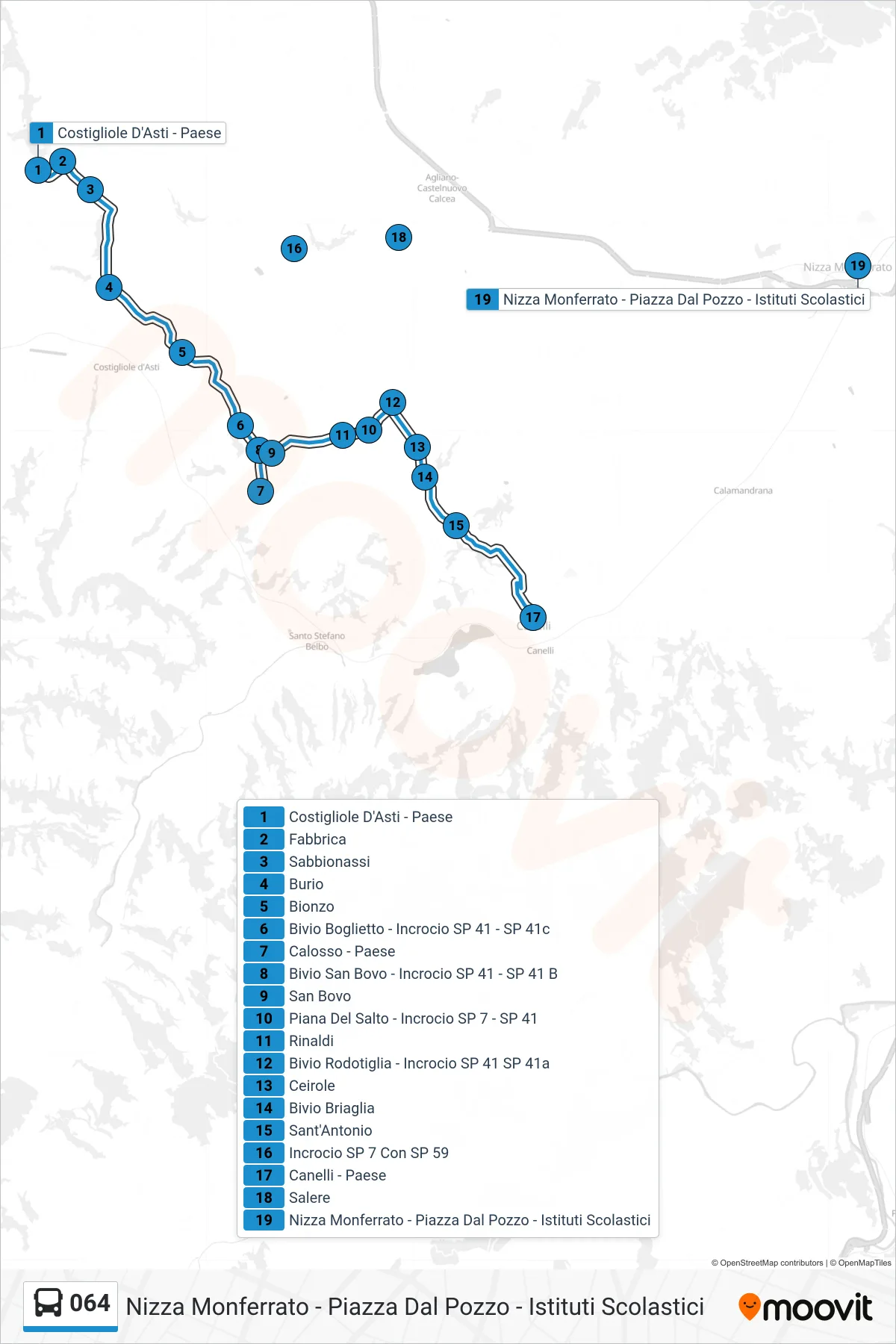 Linea 064  bus (Nizza Monferrato - Piazza Dal Pozzo - Istituti Scolastici) - Percorsi e fermate sulla mappa