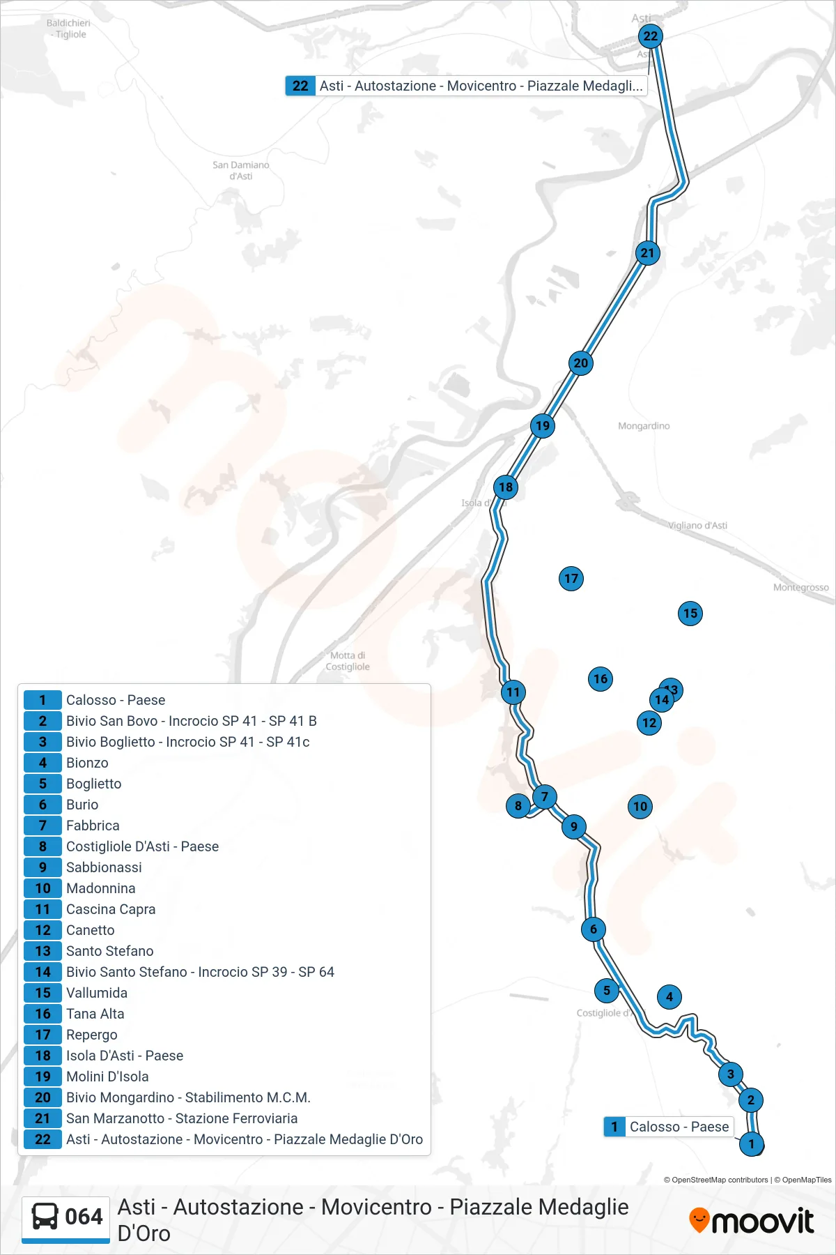 Linea 064 bus (Asti - Autostazione - Movicentro - Piazzale Medaglie D'Oro) - Percorsi e fermate sulla mappa
