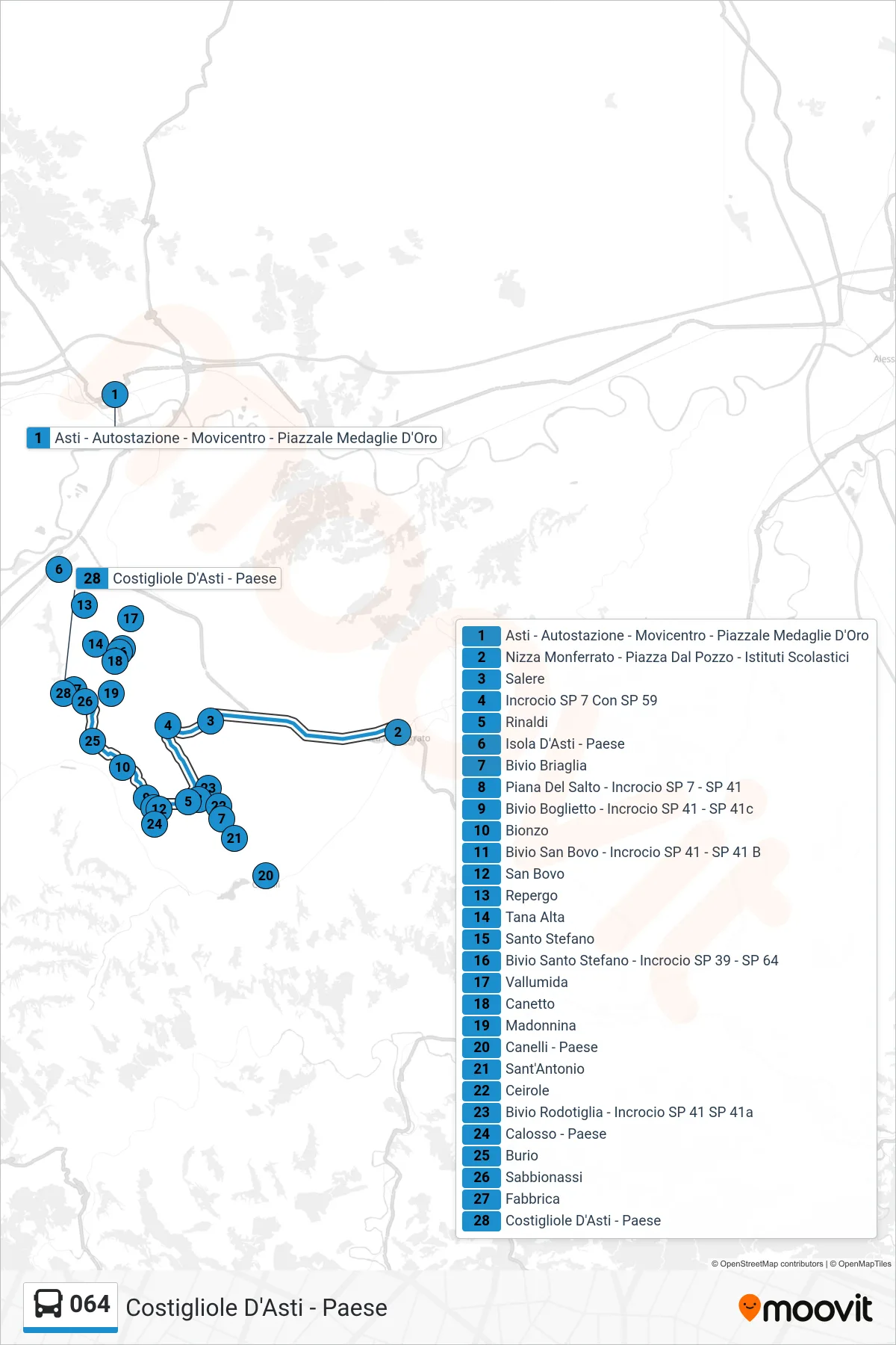 Linea 064  bus (Costigliole D'Asti - Paese) - Percorsi e fermate sulla mappa