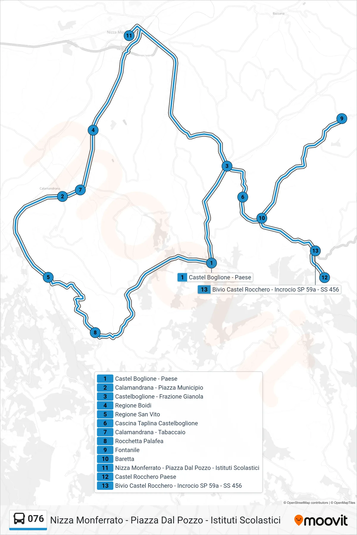 Linea 076 bus (Nizza Monferrato - Piazza Dal Pozzo - Istituti Scolastici) - Percorsi e fermate sulla mappa