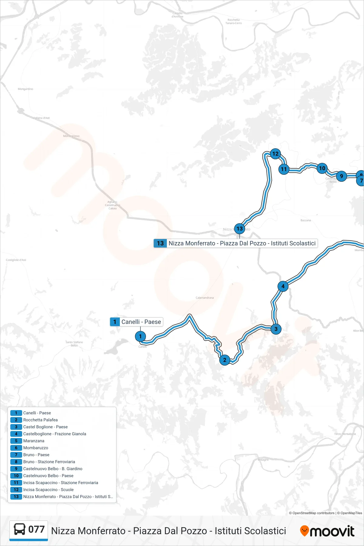 Linea 077  bus (Nizza Monferrato - Piazza Dal Pozzo - Istituti Scolastici) - Percorsi e fermate sulla mappa