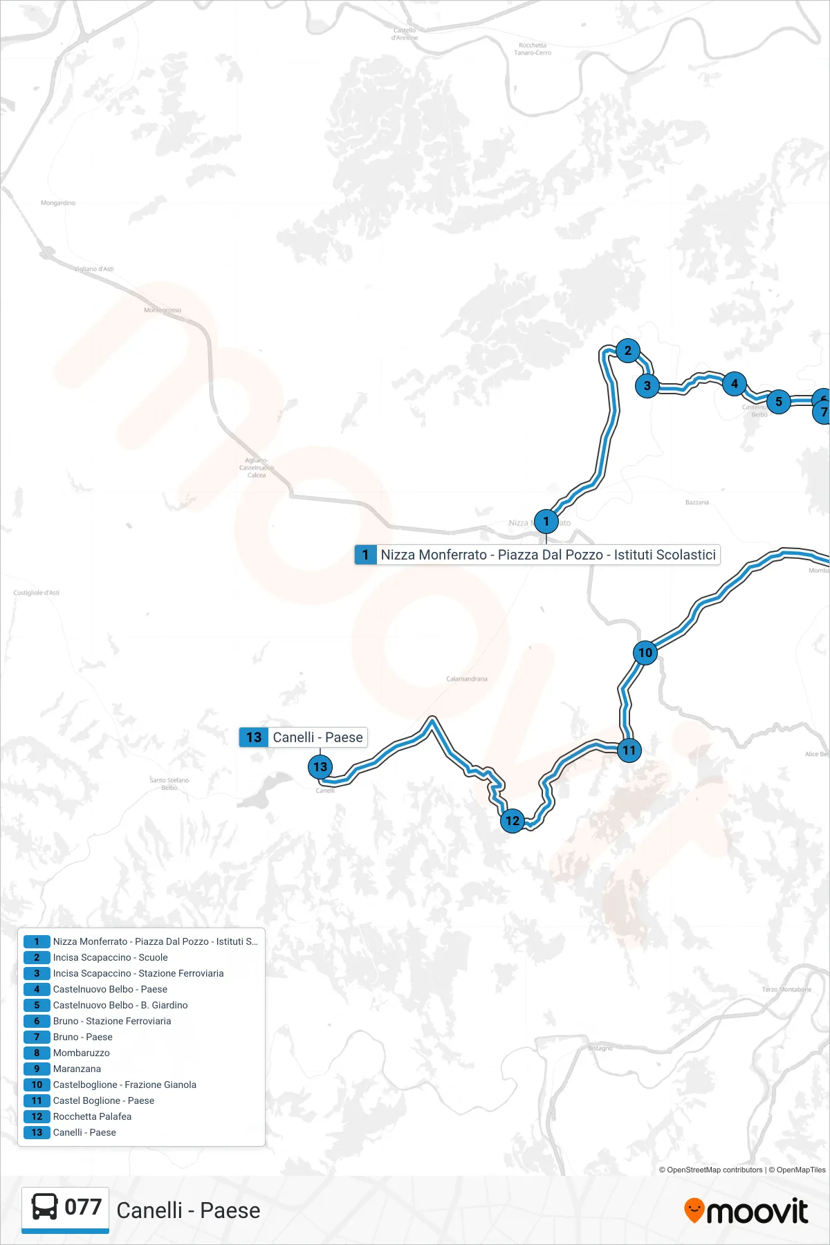 Linea 077 bus (Canelli - Paese) - Percorsi e fermate sulla mappa