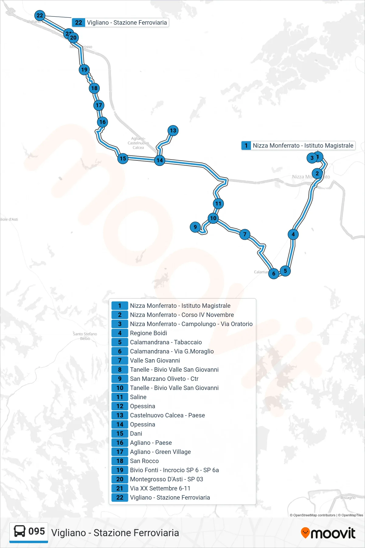 Linea 095 bus (Vigliano - Stazione Ferroviaria) - Percorsi e fermate sulla mappa