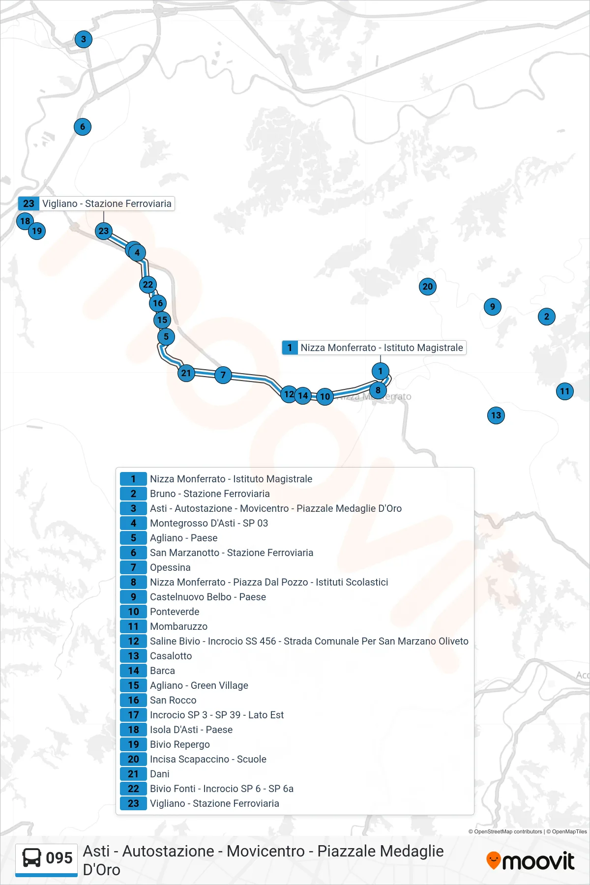 Linea 095 bus (Asti - Autostazione - Movicentro - Piazzale Medaglie D'Oro) - Percorsi e fermate sulla mappa
