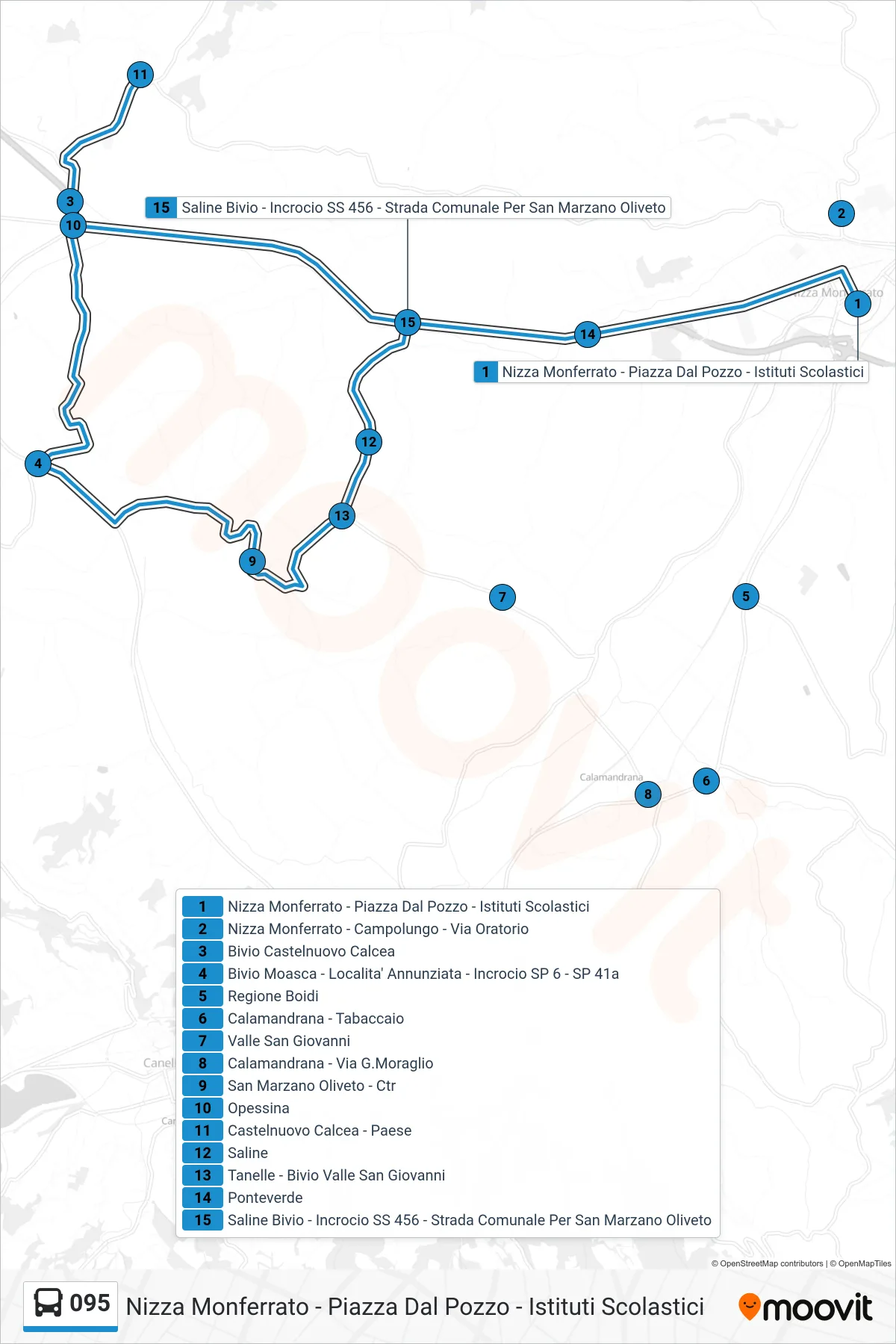 Linea 095 bus (Nizza Monferrato - Piazza Dal Pozzo - Istituti Scolastici) - Percorsi e fermate sulla mappa