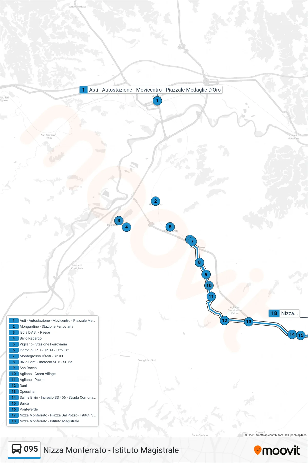 Linea 095 bus (Nizza Monferrato - Istituto Magistrale) - Percorsi e fermate sulla mappa