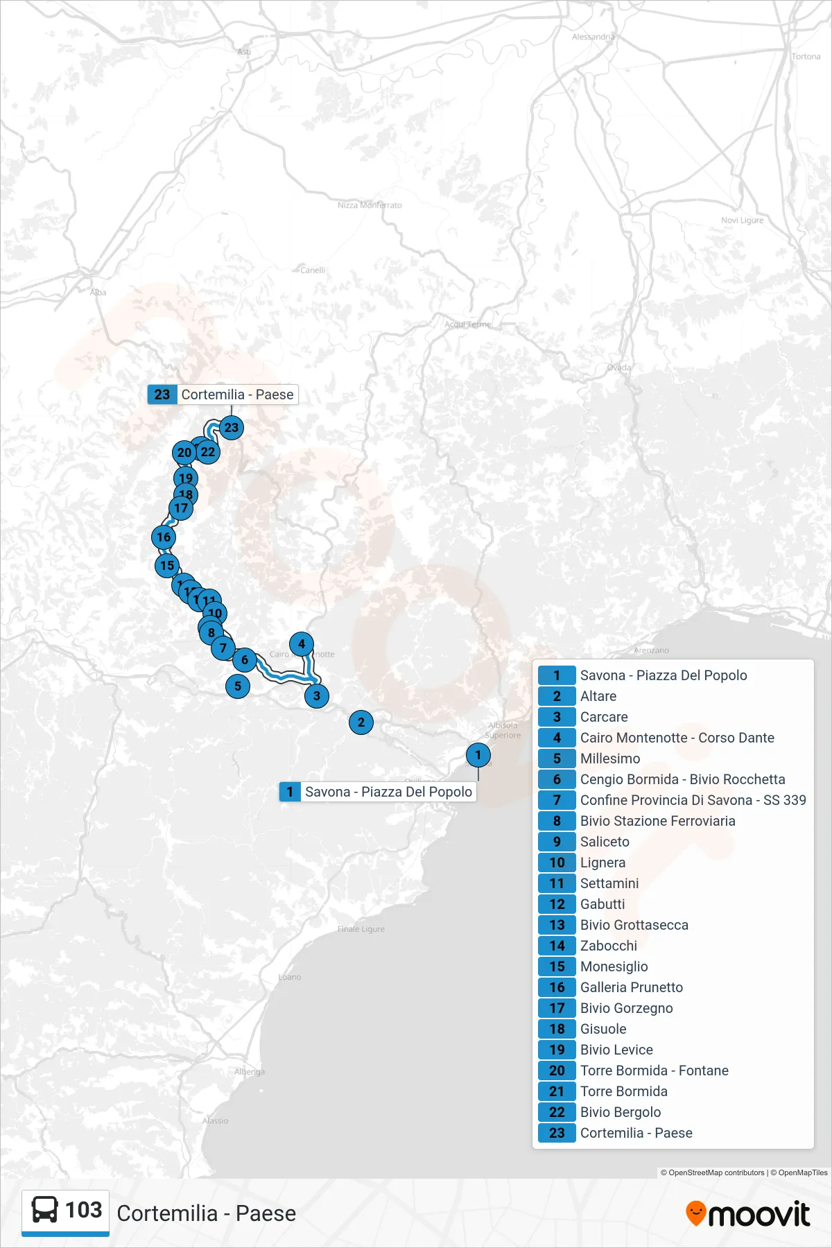 103 bus Line (Cortemilia - Town) route and stops on a map
