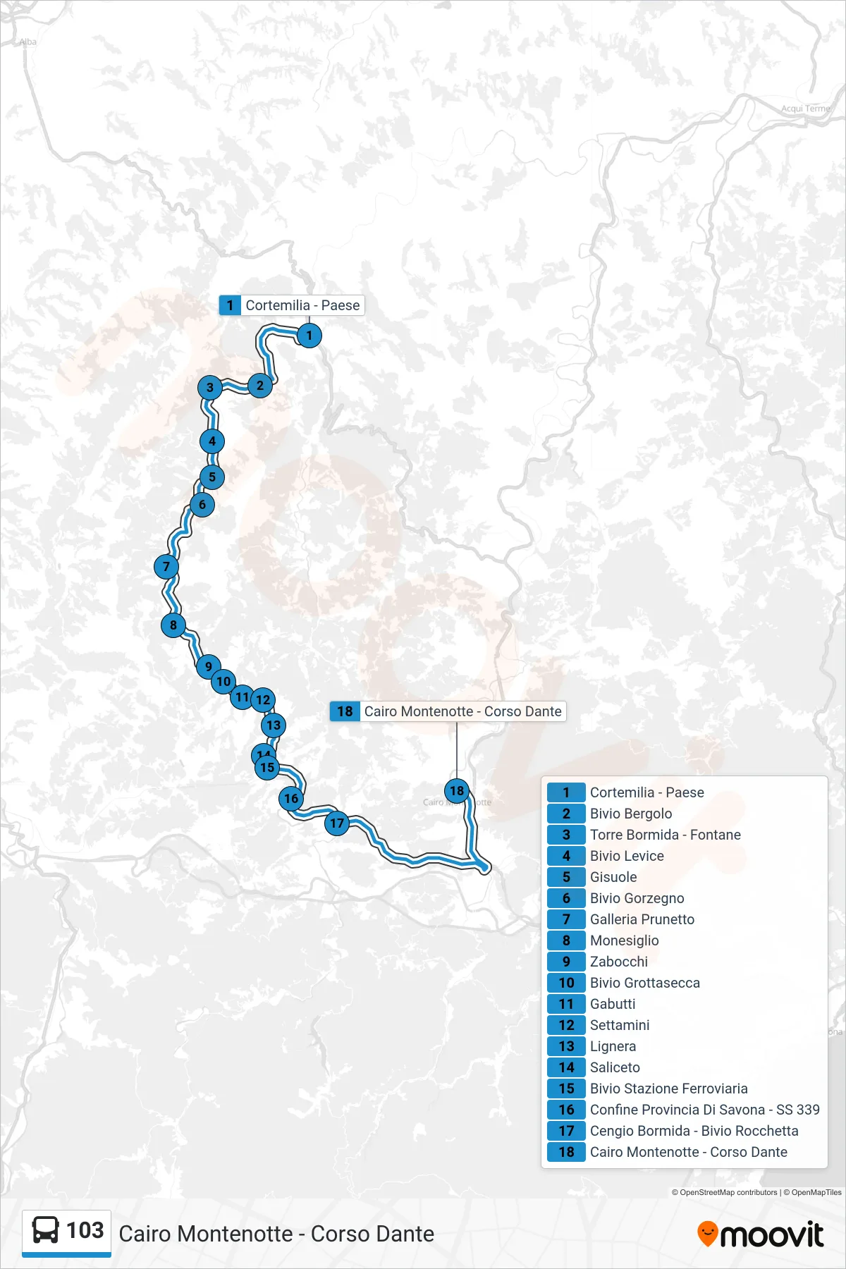 Linea 103 bus (Cairo Montenotte - Corso Dante) - Percorsi e fermate sulla mappa
