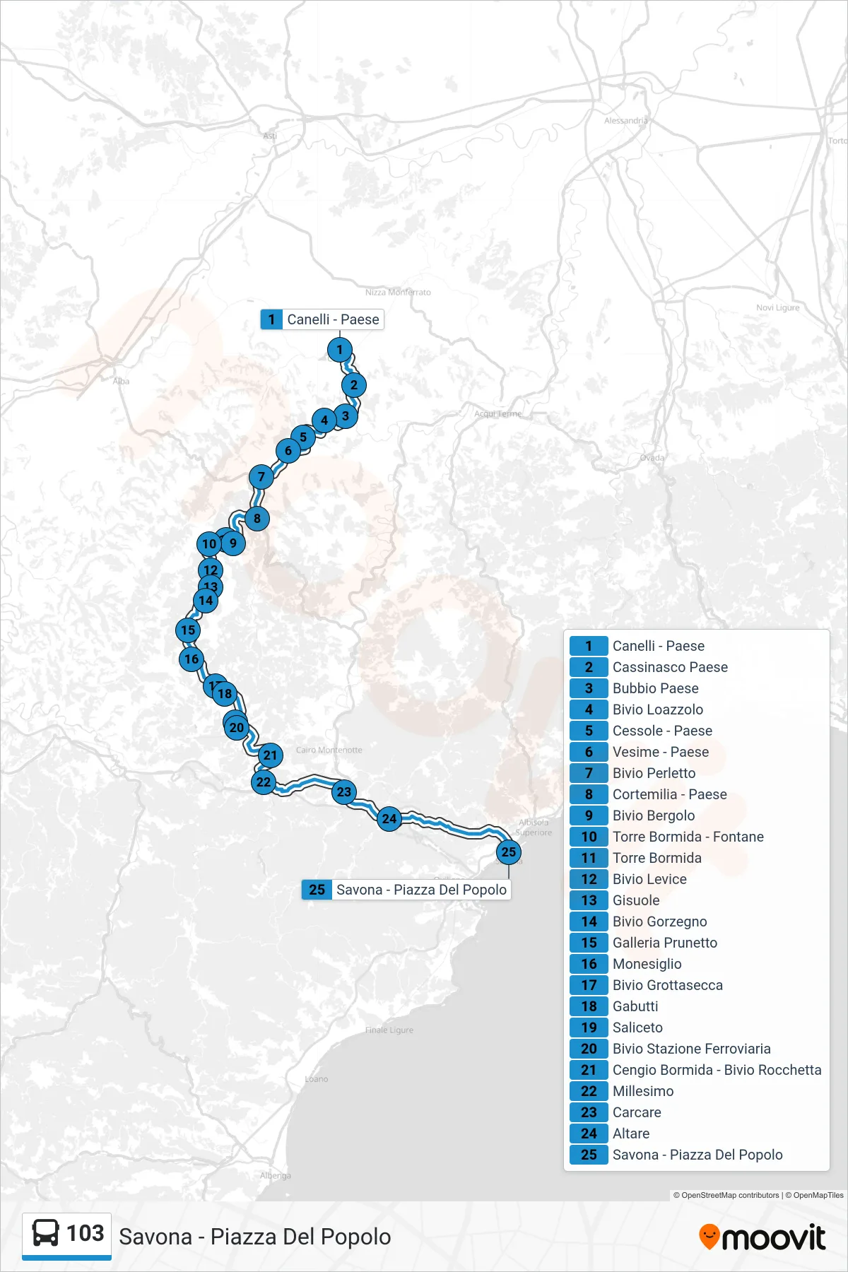 Linea 103 bus (Savona - Piazza Del Popolo) - Percorsi e fermate sulla mappa