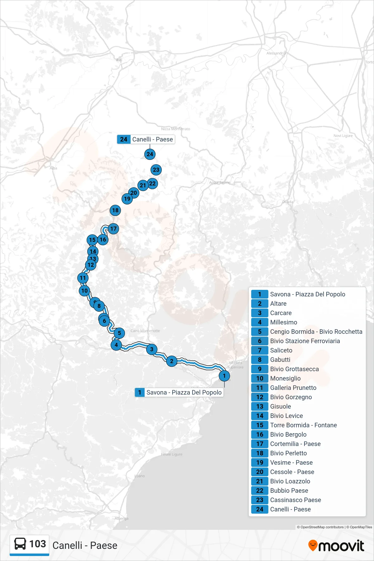 Linea 103 bus (Canelli - Paese) - Percorsi e fermate sulla mappa