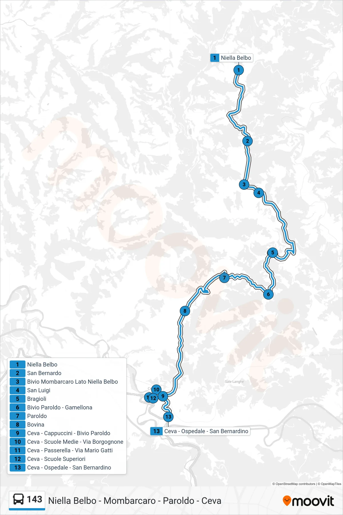 Linea 143 bus (Ceva - Ospedale - San Bernardino) - Percorsi e fermate sulla mappa