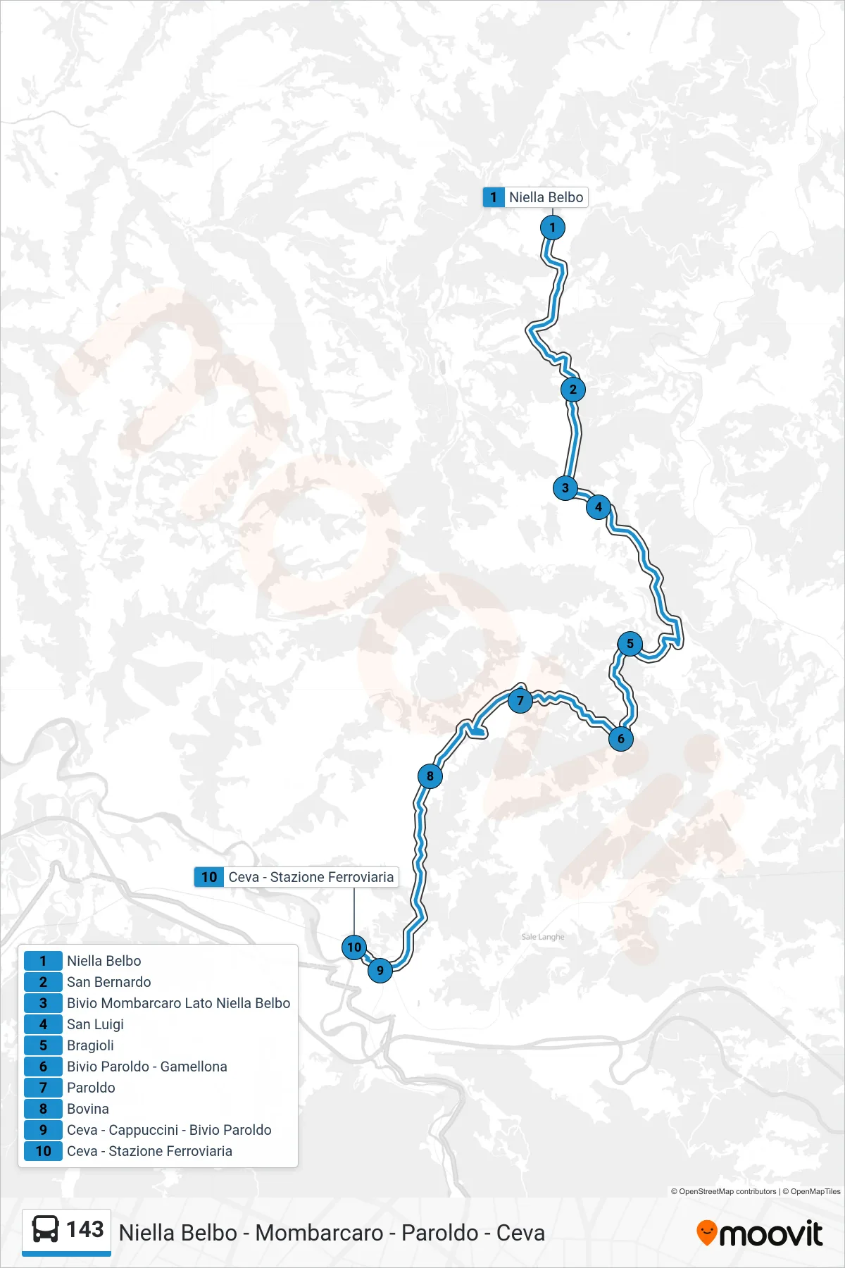Linea 143  bus (Ceva - Stazione Ferroviaria) - Percorsi e fermate sulla mappa