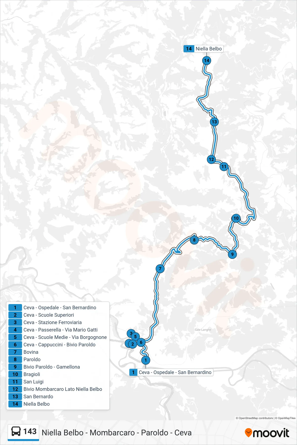 Linea 143 bus (Niella Belbo) - Percorsi e fermate sulla mappa