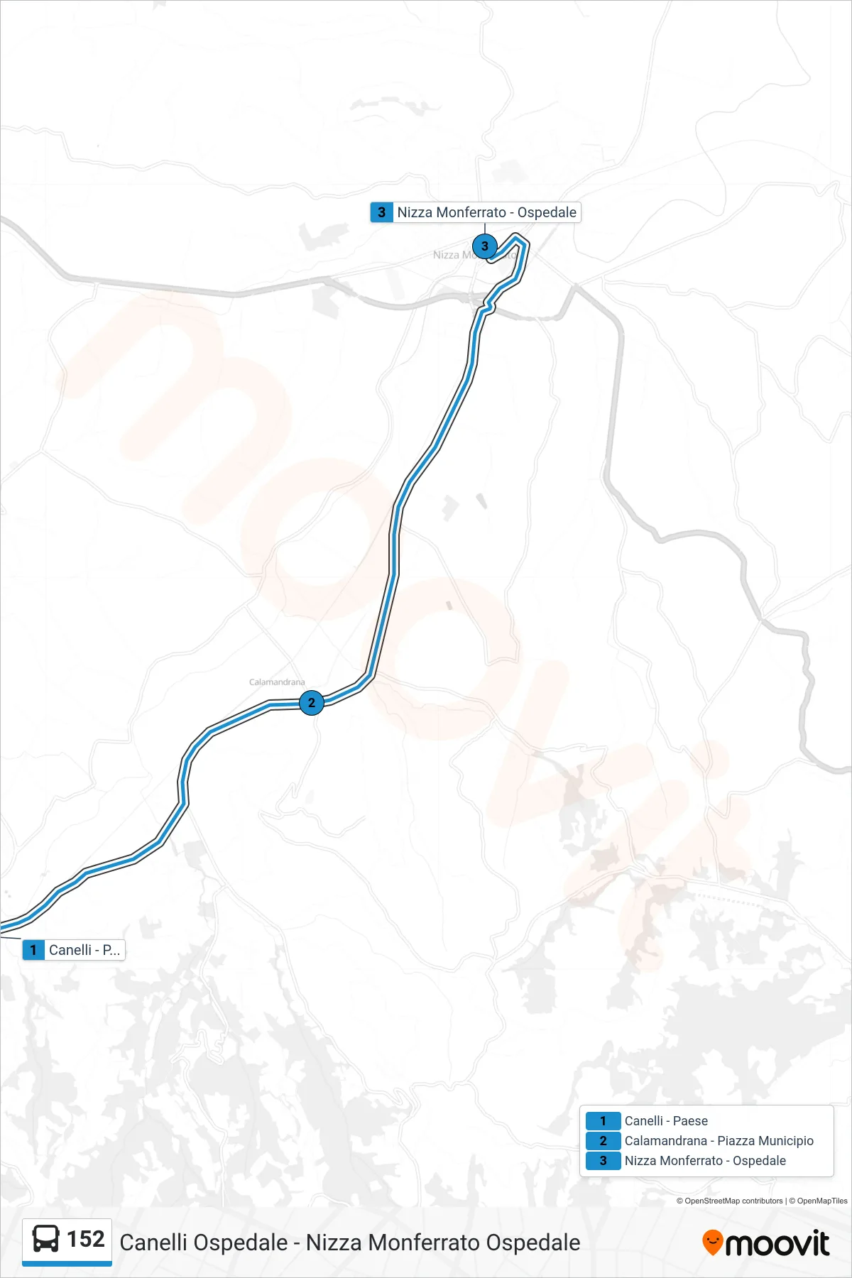 Linea 152 bus (Nizza Monferrato - Ospedale) - Percorsi e fermate sulla mappa