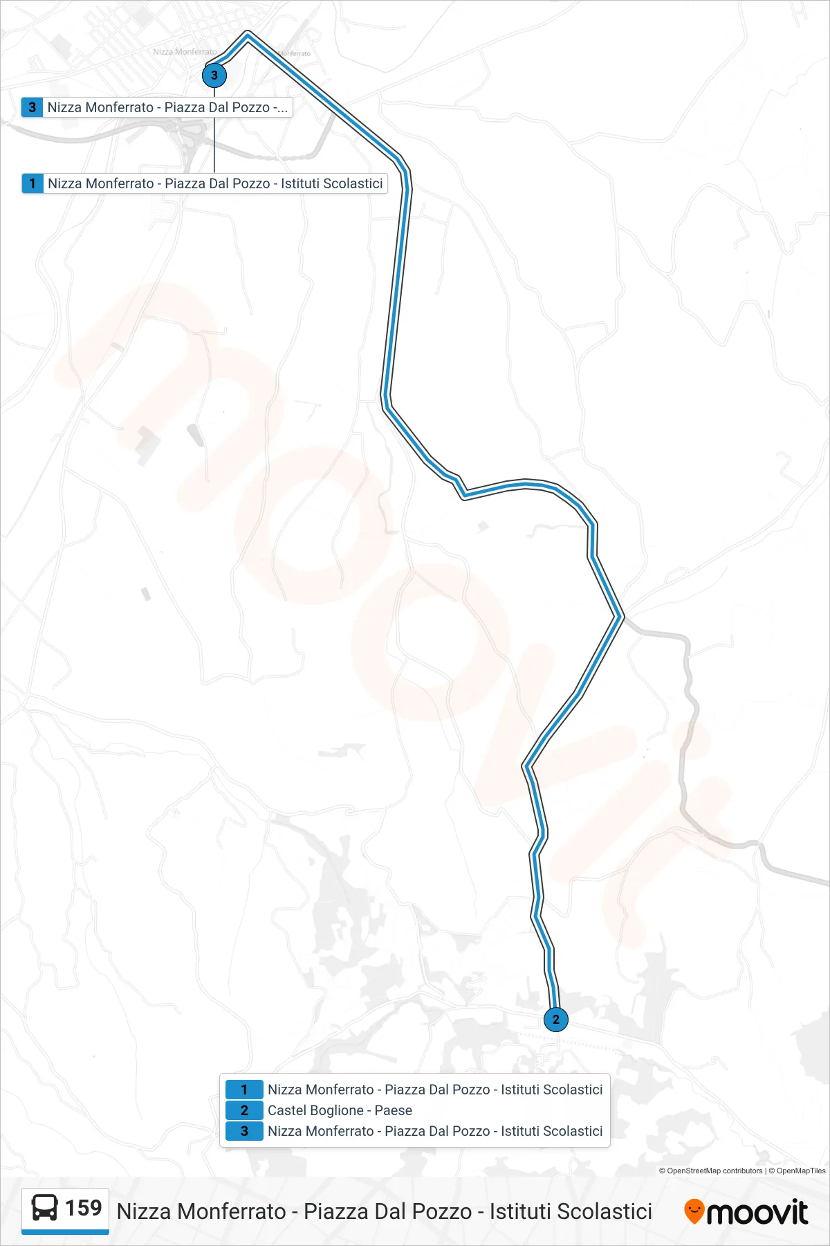 Linea 159 bus (Nizza Monferrato - Piazza Dal Pozzo - Istituti Scolastici) - Percorsi e fermate sulla mappa