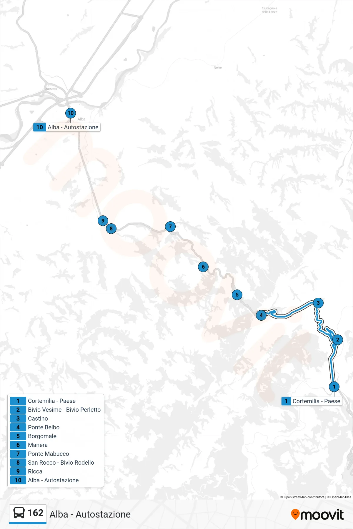 Linea 162  bus (Alba - Autostazione) - Percorsi e fermate sulla mappa