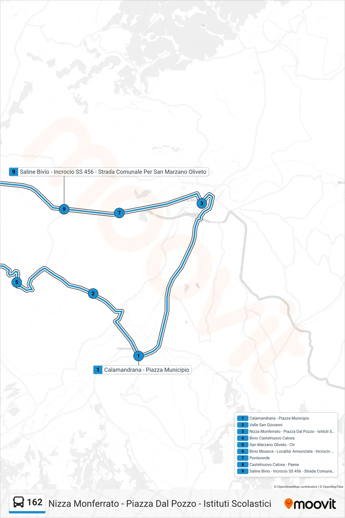Linea 162  bus (Nizza Monferrato - Piazza Dal Pozzo - Istituti Scolastici) - Percorsi e fermate sulla mappa