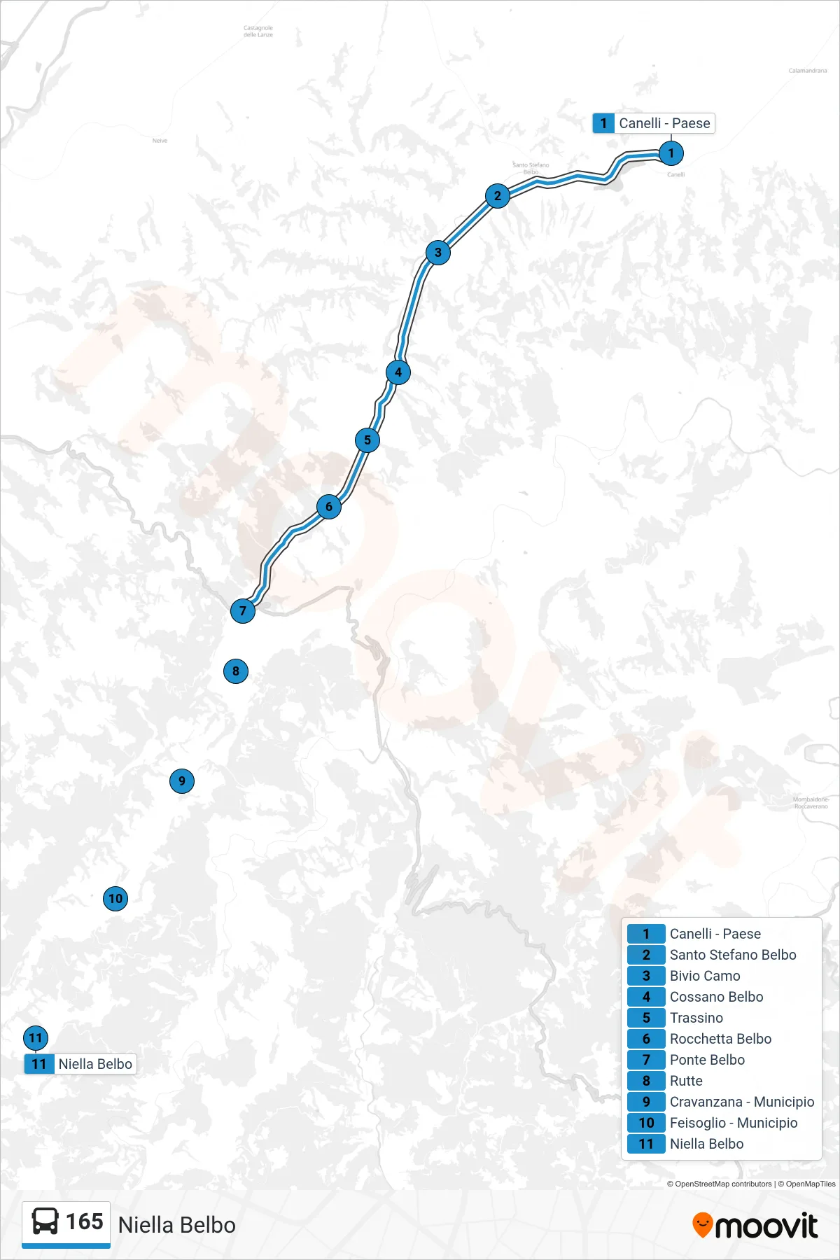 Linea 165 bus (Niella Belbo) - Percorsi e fermate sulla mappa