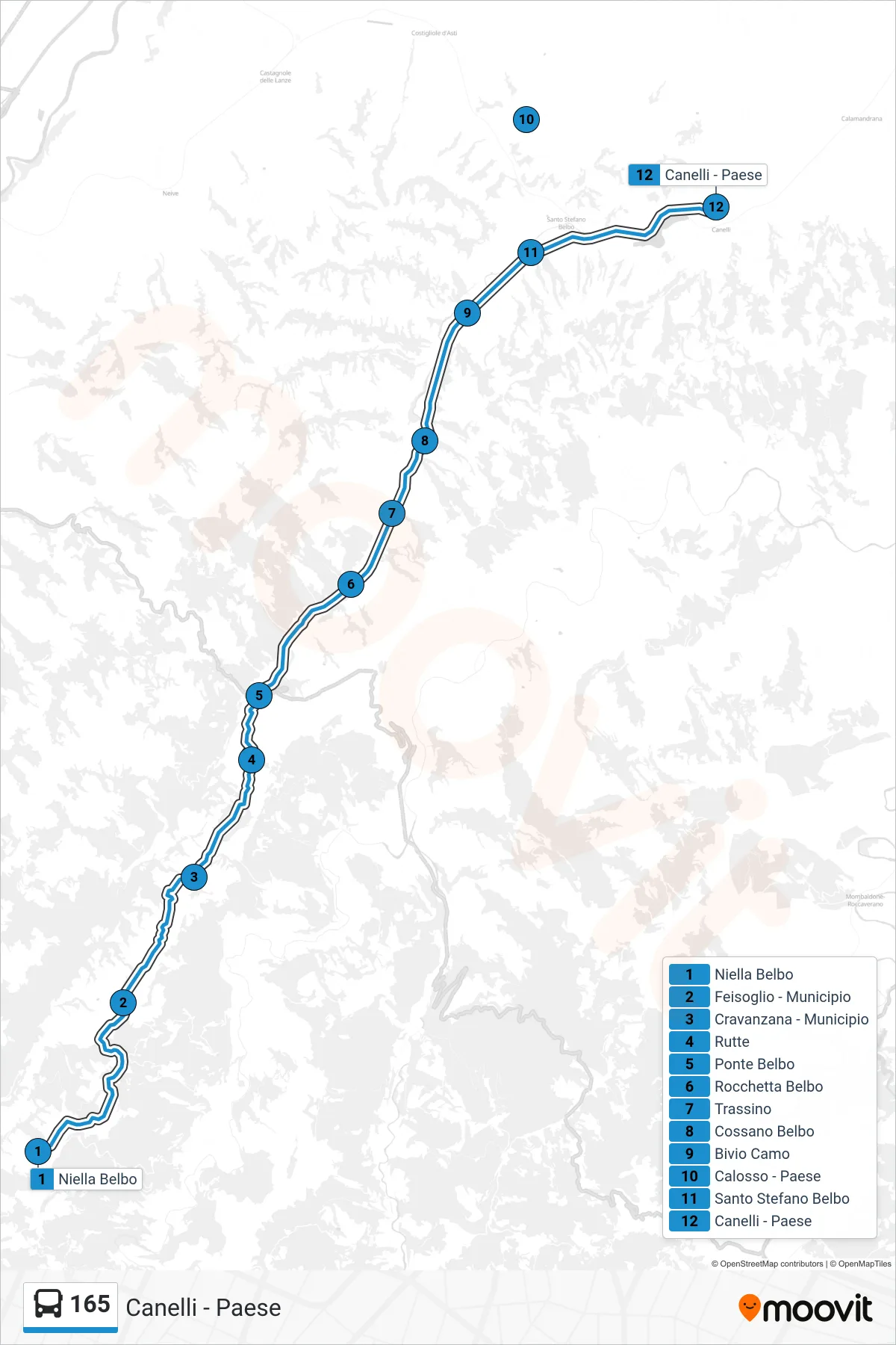 Linea 165 bus (Canelli - Paese) - Percorsi e fermate sulla mappa
