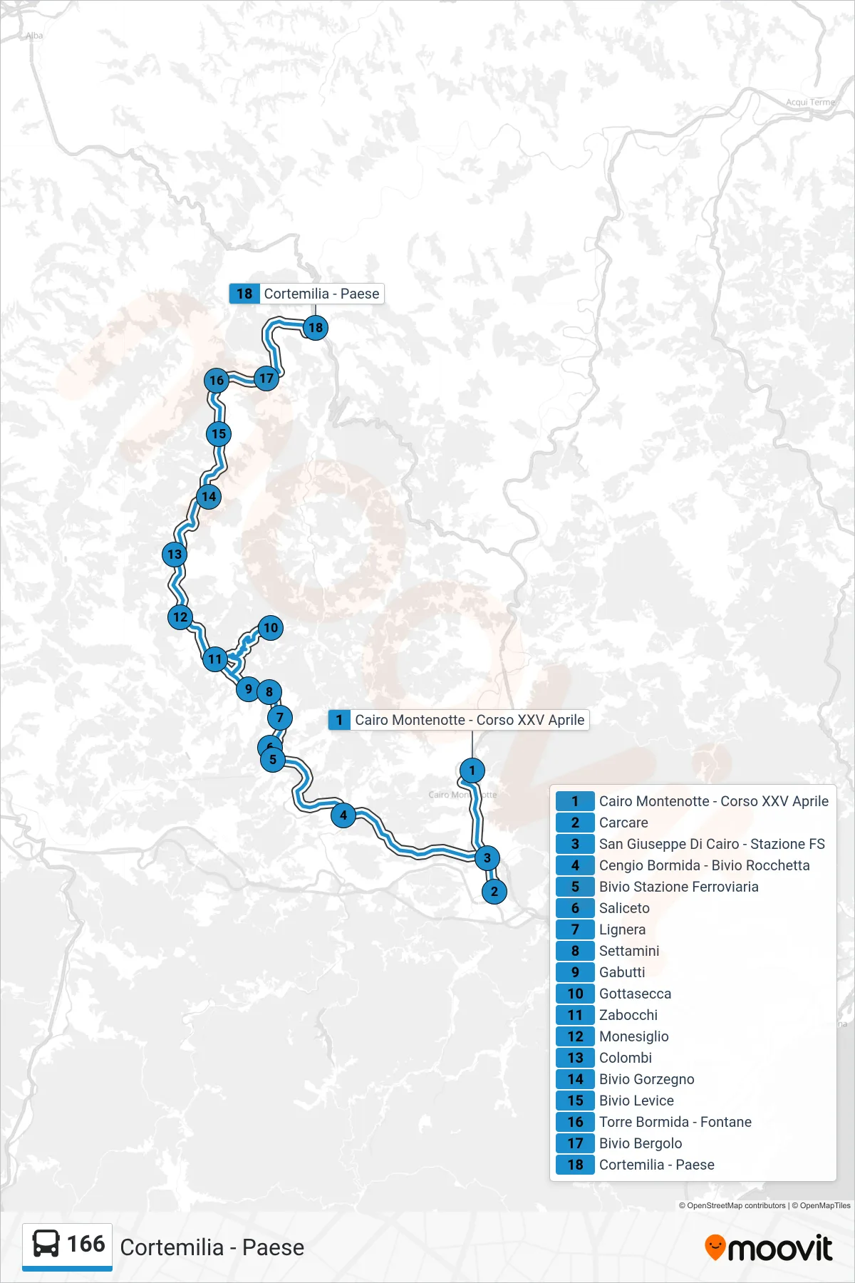 Linea 166  bus (Cortemilia - Paese) - Percorsi e fermate sulla mappa