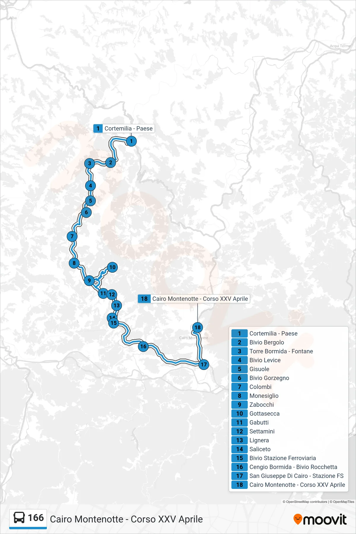 166 bus Line (Cairo Montenotte - XXV April Course) route and stops on a map