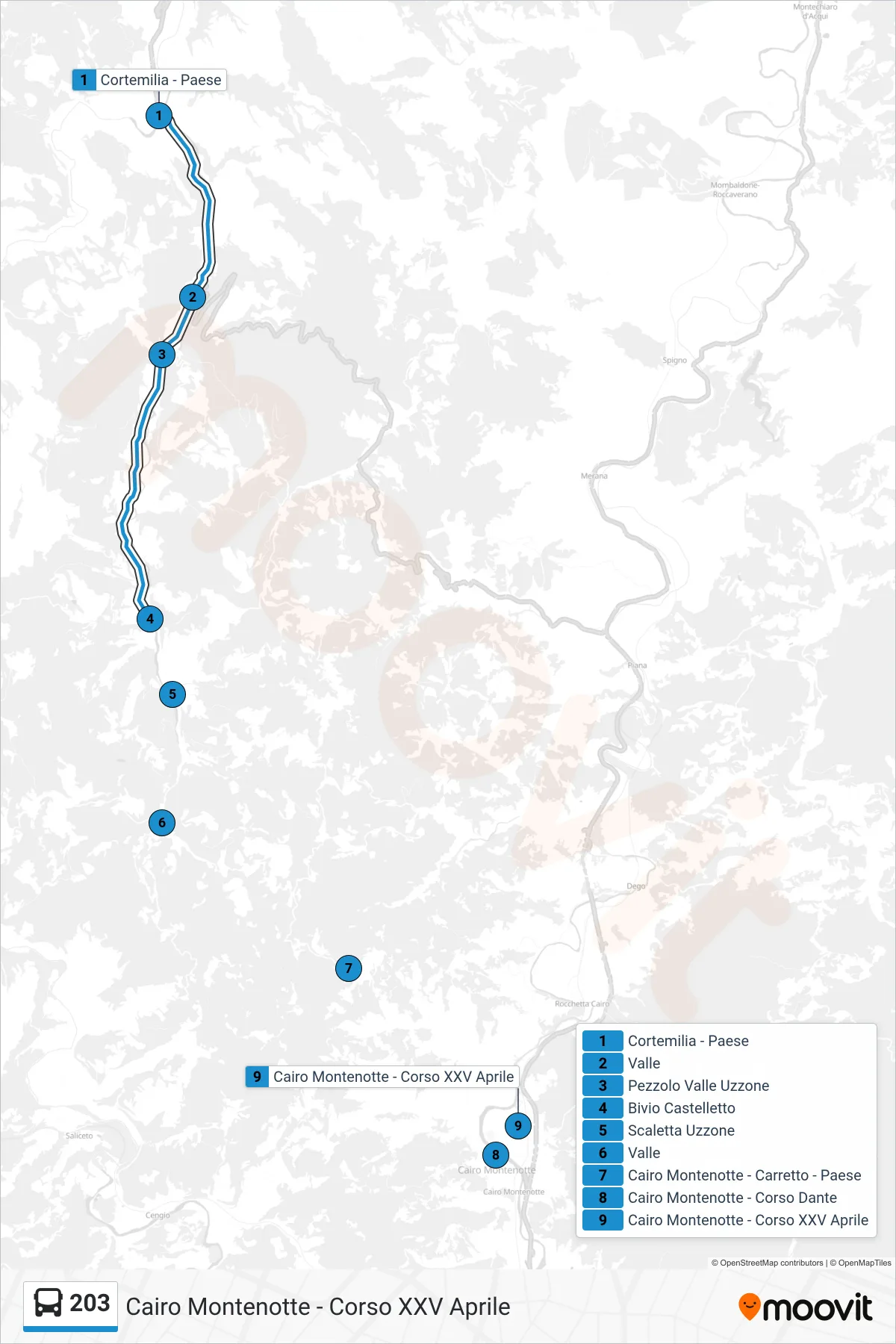 Linea 203 bus (Cairo Montenotte - Corso XXV Aprile) - Percorsi e fermate sulla mappa