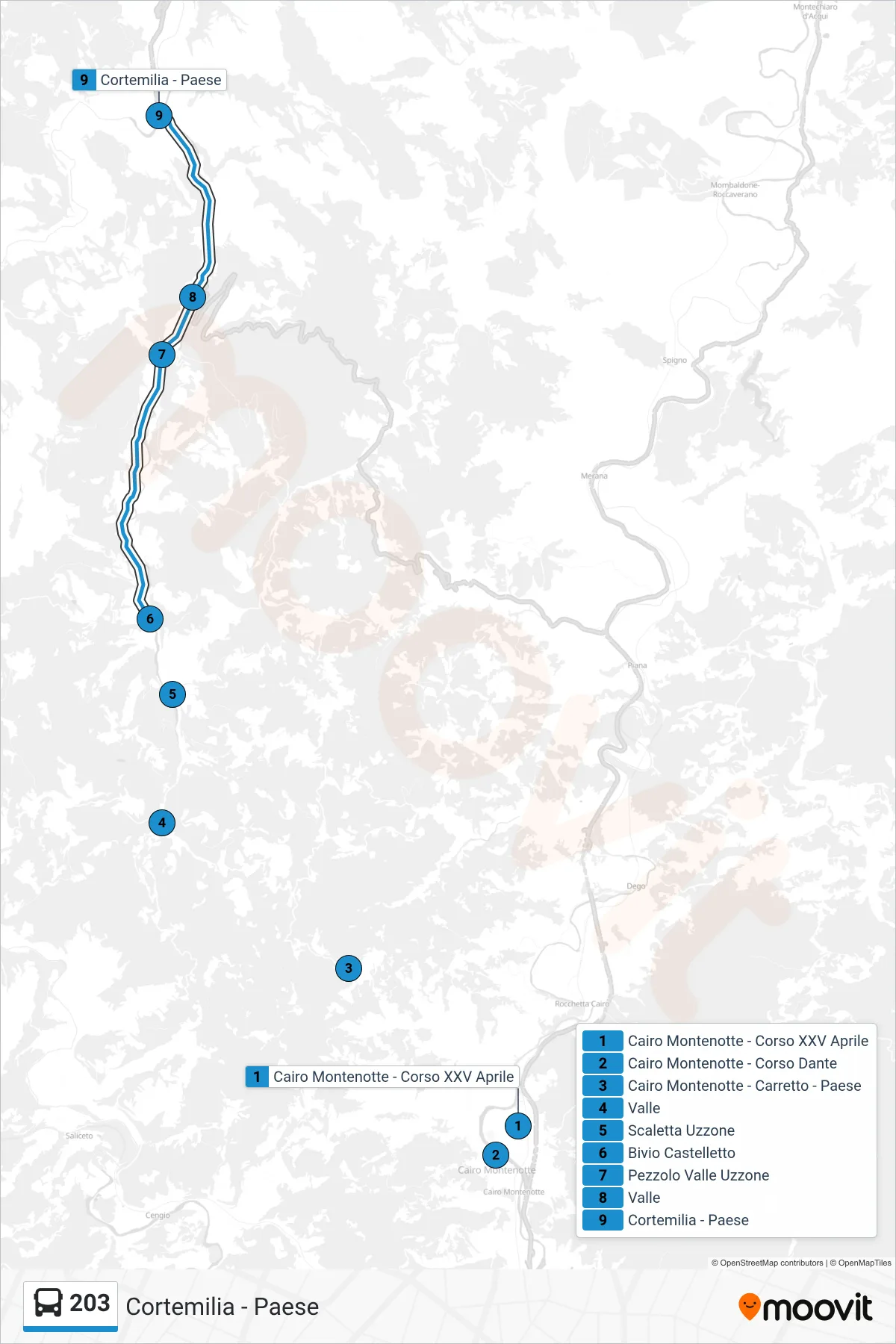 Linea 203  bus (Cortemilia - Paese) - Percorsi e fermate sulla mappa